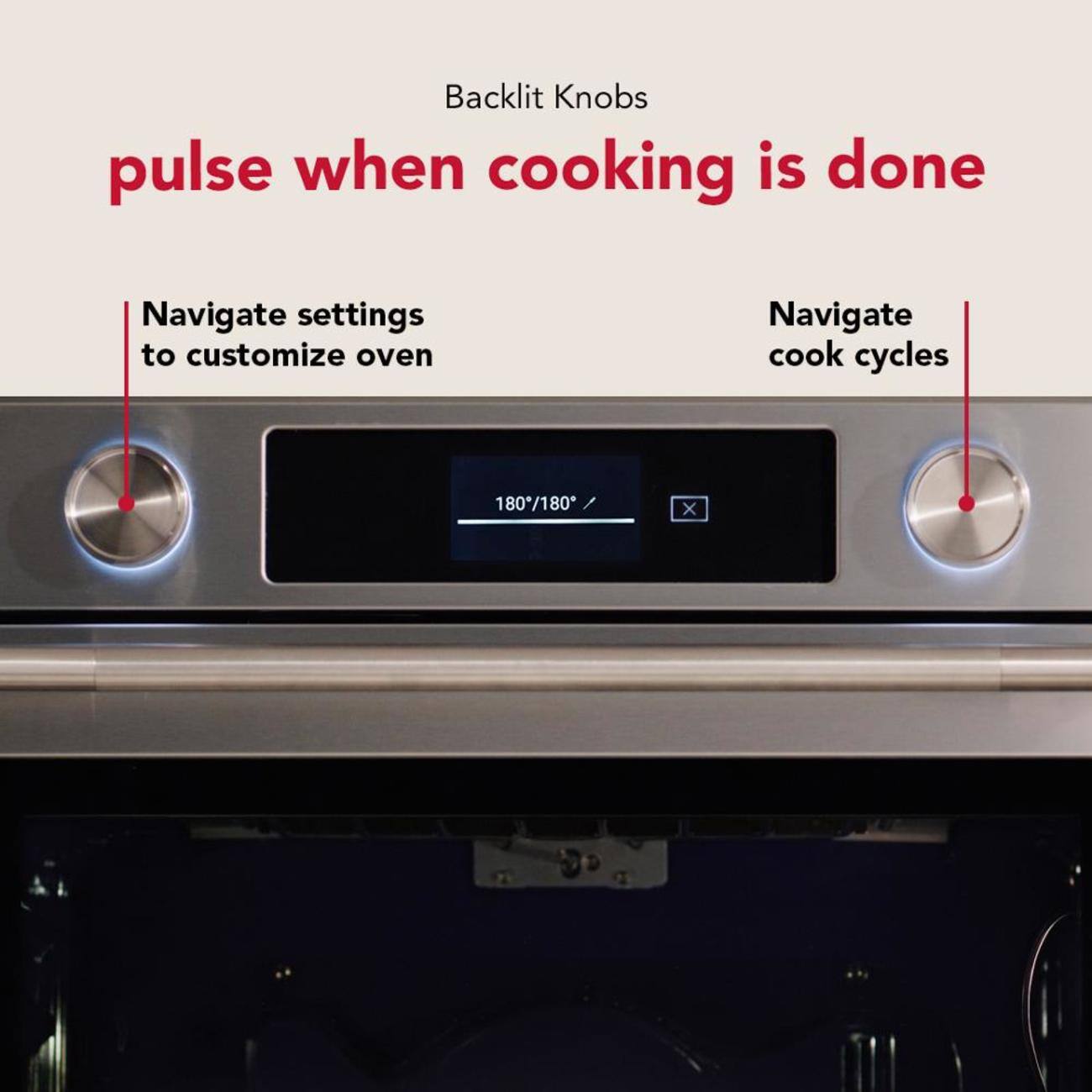 Backlit Knobs pulse when cooking is done  
Navigate settings to customize oven  
Navigate cook cycles  
180°/180°