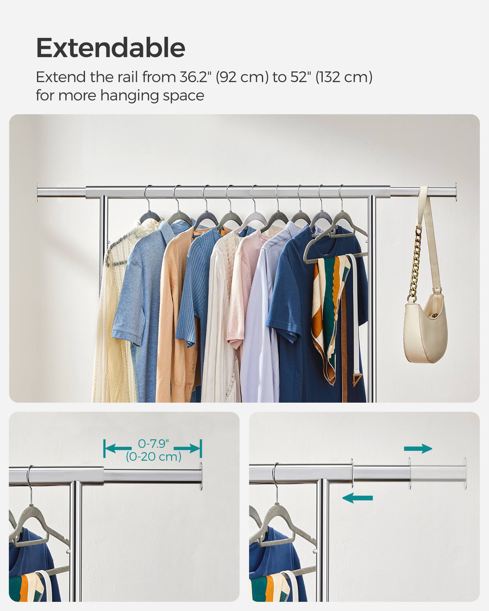 Extendable

Extend the rail from 36.2" (92 cm) to 52" (132 cm) for more hanging space

0-7.9" (0-20 cm)