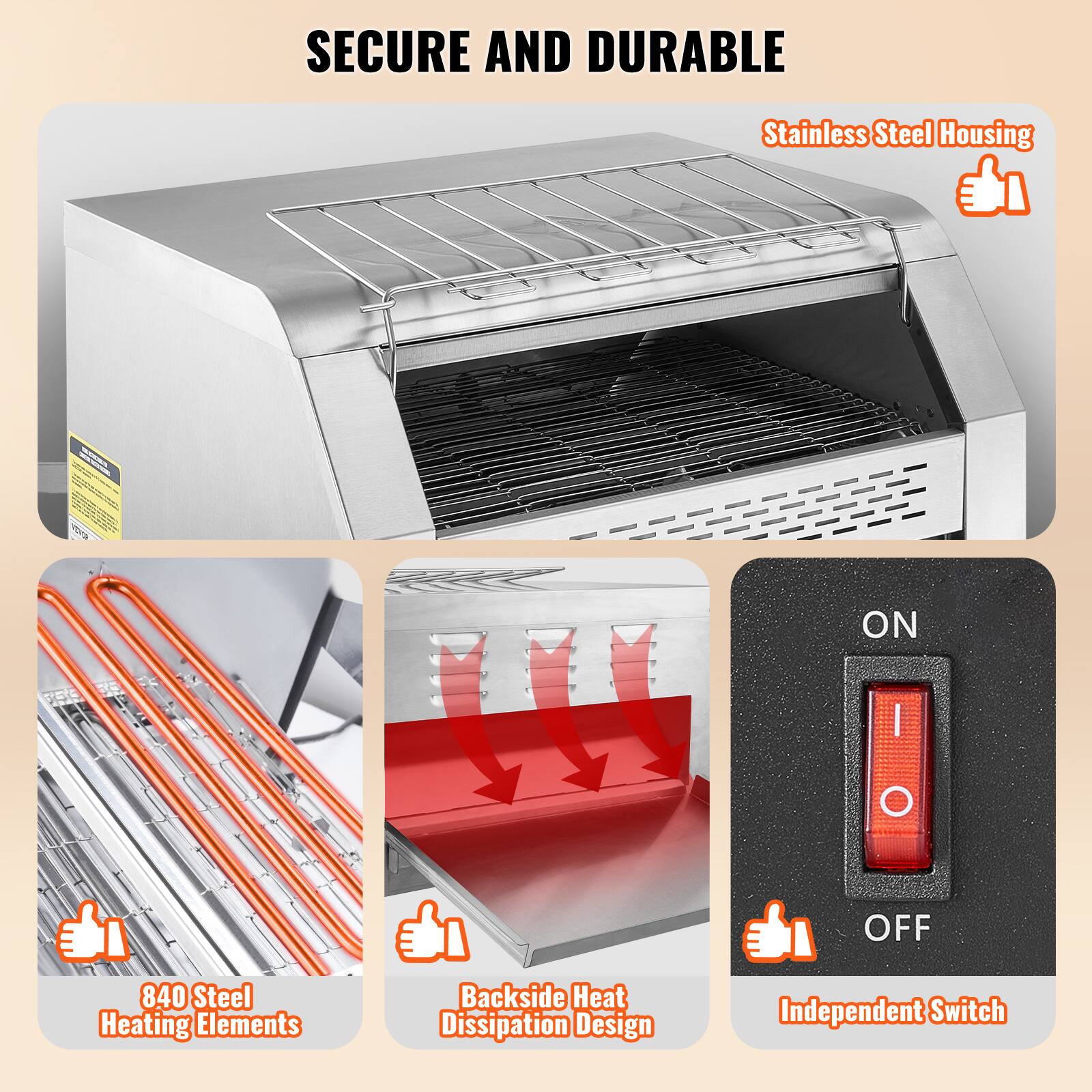 SECURE AND DURABLE

Stainless Steel Housing

840 Steel Heating Elements

Backside Heat Dissipation Design

Independent Switch