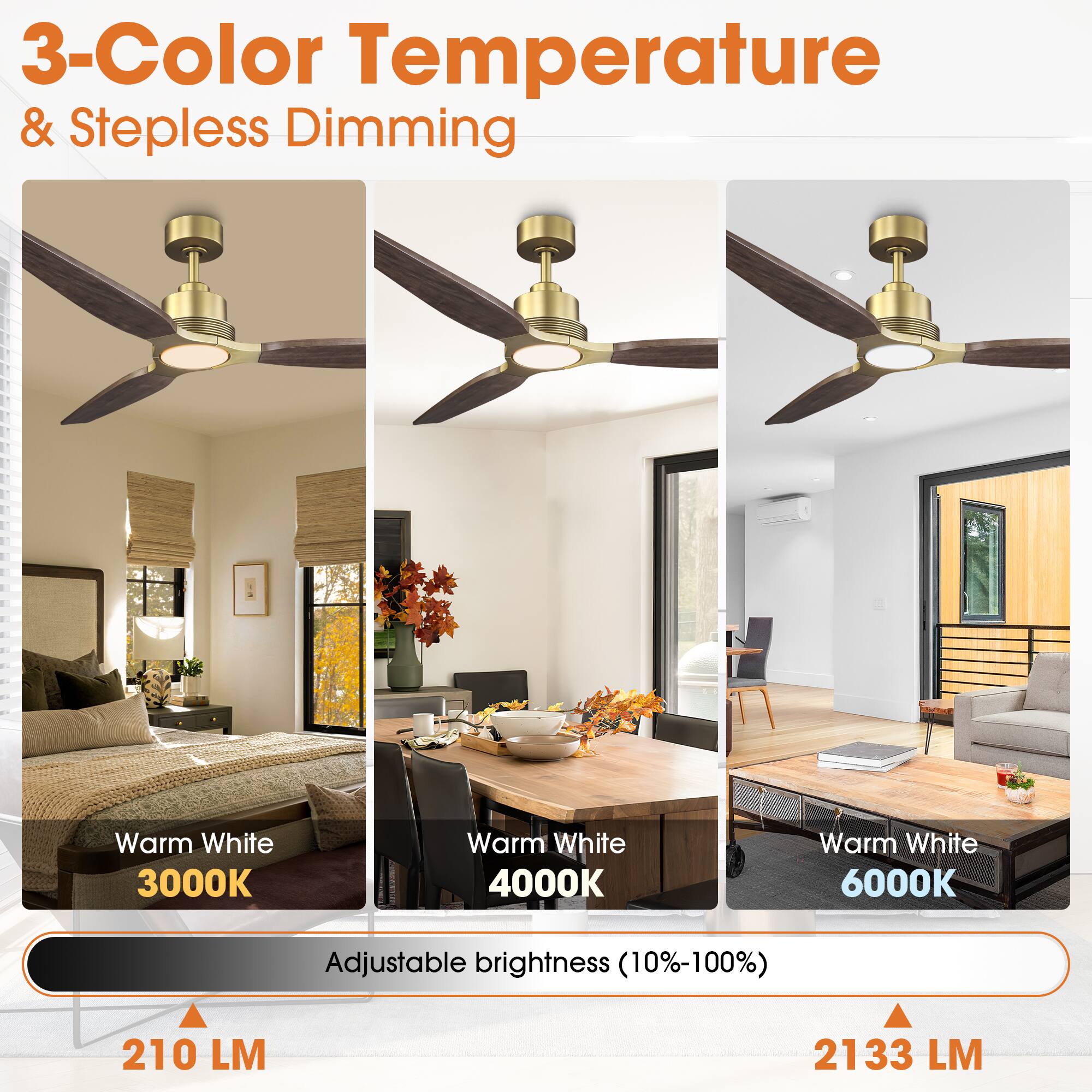 3-Color Temperature & Stepless Dimming  
Warm White 3000K  
Warm White 4000K  
Warm White 6000K  
Adjustable brightness (10%-100%)  
210 LM  
2133 LM