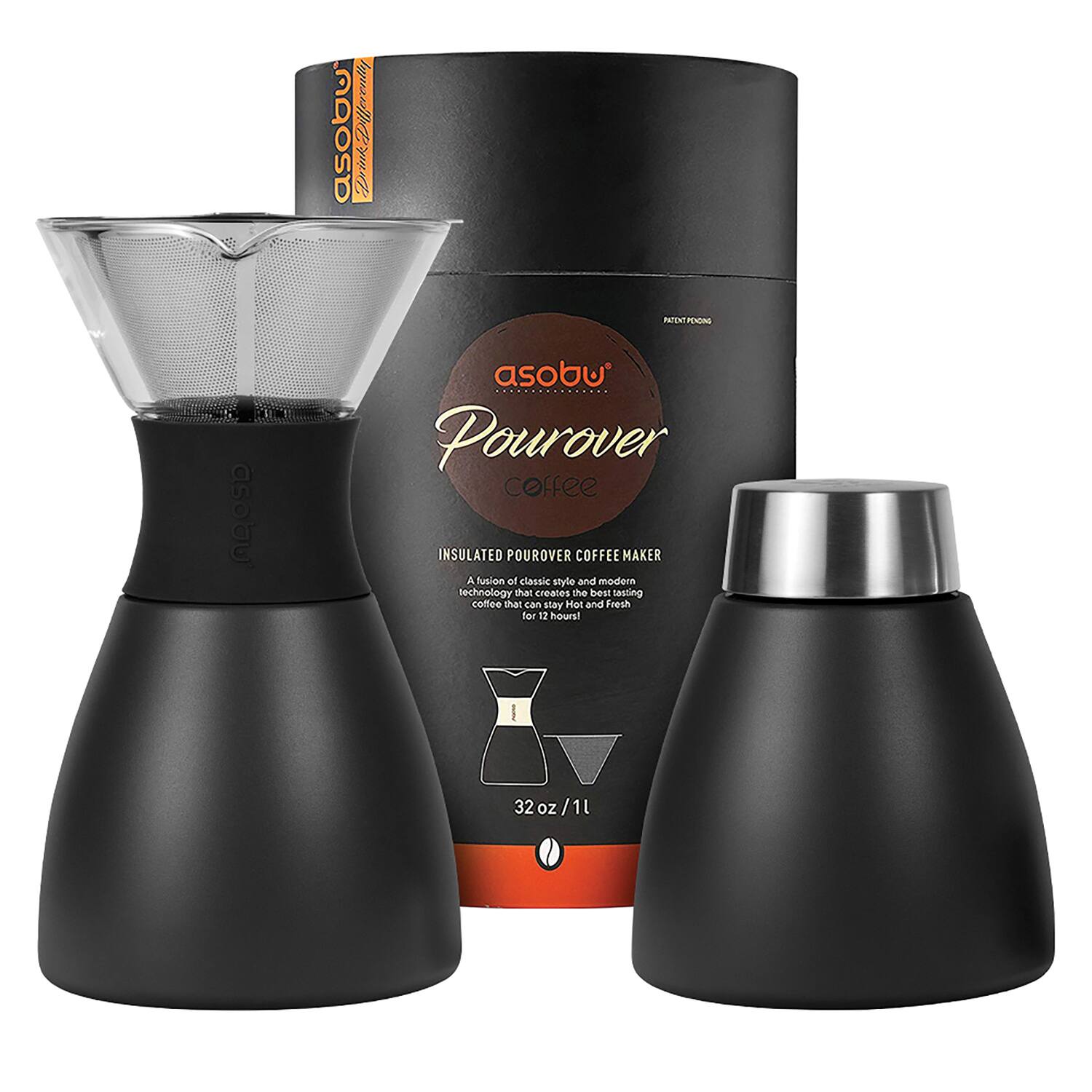asobu!  
PATEAE POON  
asobu asobu  
Pourover coffee  
INSULATED POUROVER COFFEE MAKER  
A fusion of classic style and modern technology  
chat creames te best tasting coffee that can stay Hot and Fresh for 12 hours!  
32 oz / 1L