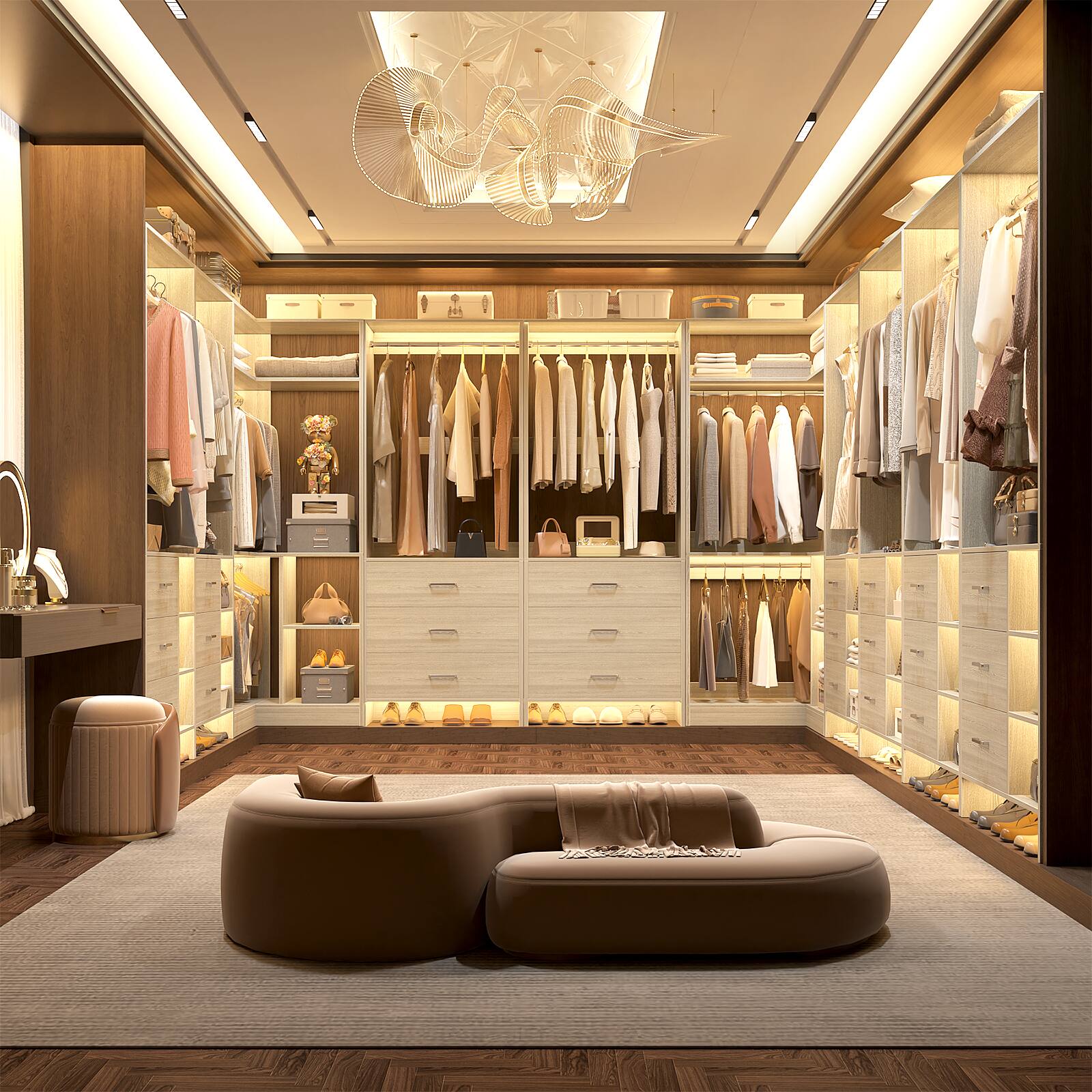 Left. Aheaplus - U-Shaped Closet Organizer System with 6 Drawers, 112.5" Walk-in Wardrobe System with Hanging Rods & Shelves, Set of 4 - Beige Oak.