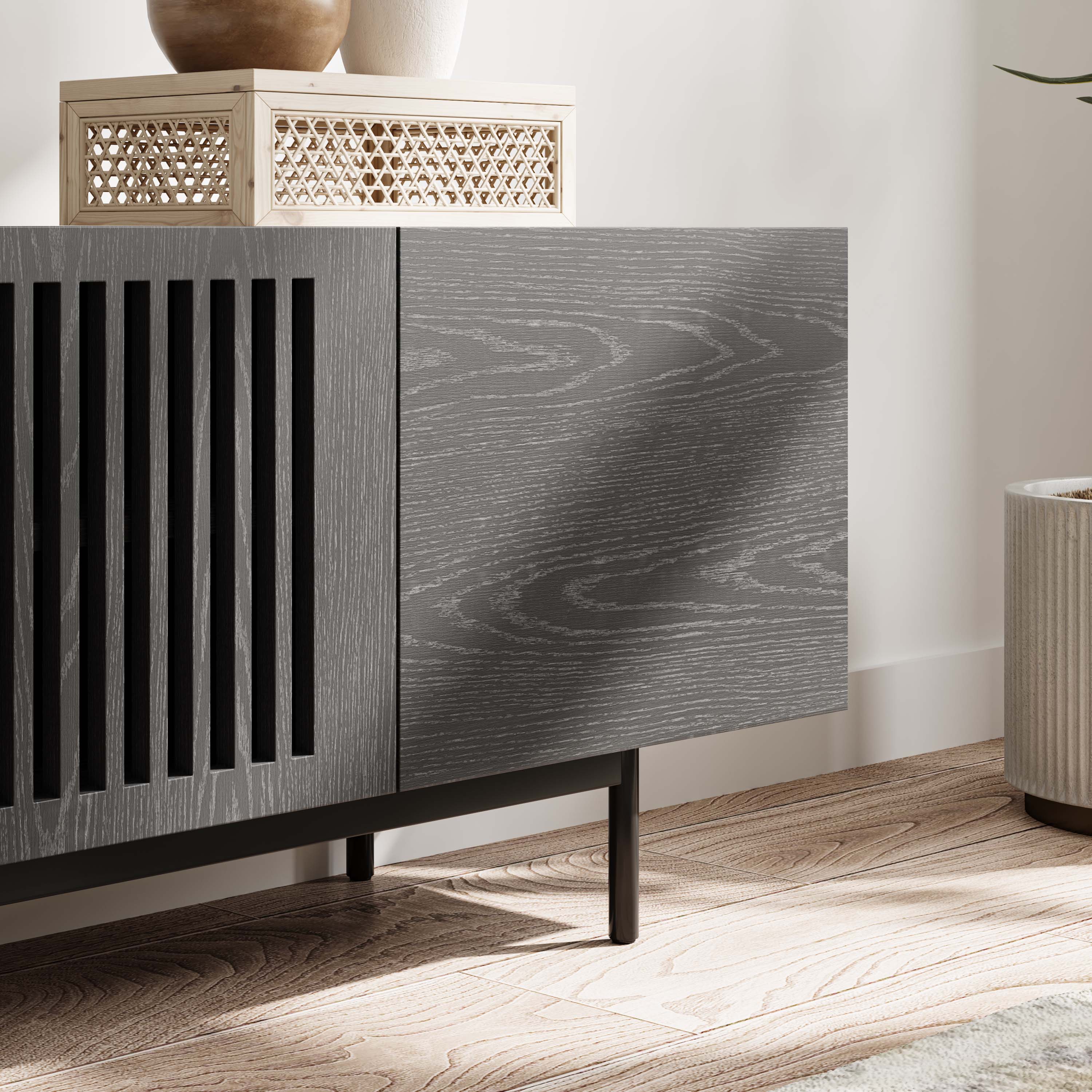 Alt View 2. POVISON - 63" Mid-Century Modern TV Stand with Sintered Stone, Black Veneer Wood with Slatted Cabinet, Tall-Cast Metal Legs - Black.