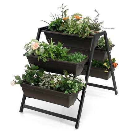 Front. Costway - 31”H Raised Garden Bed 3-Tier Vertical Planter w/5 Plant Boxes Indoor Outdoor - Black + Brown.