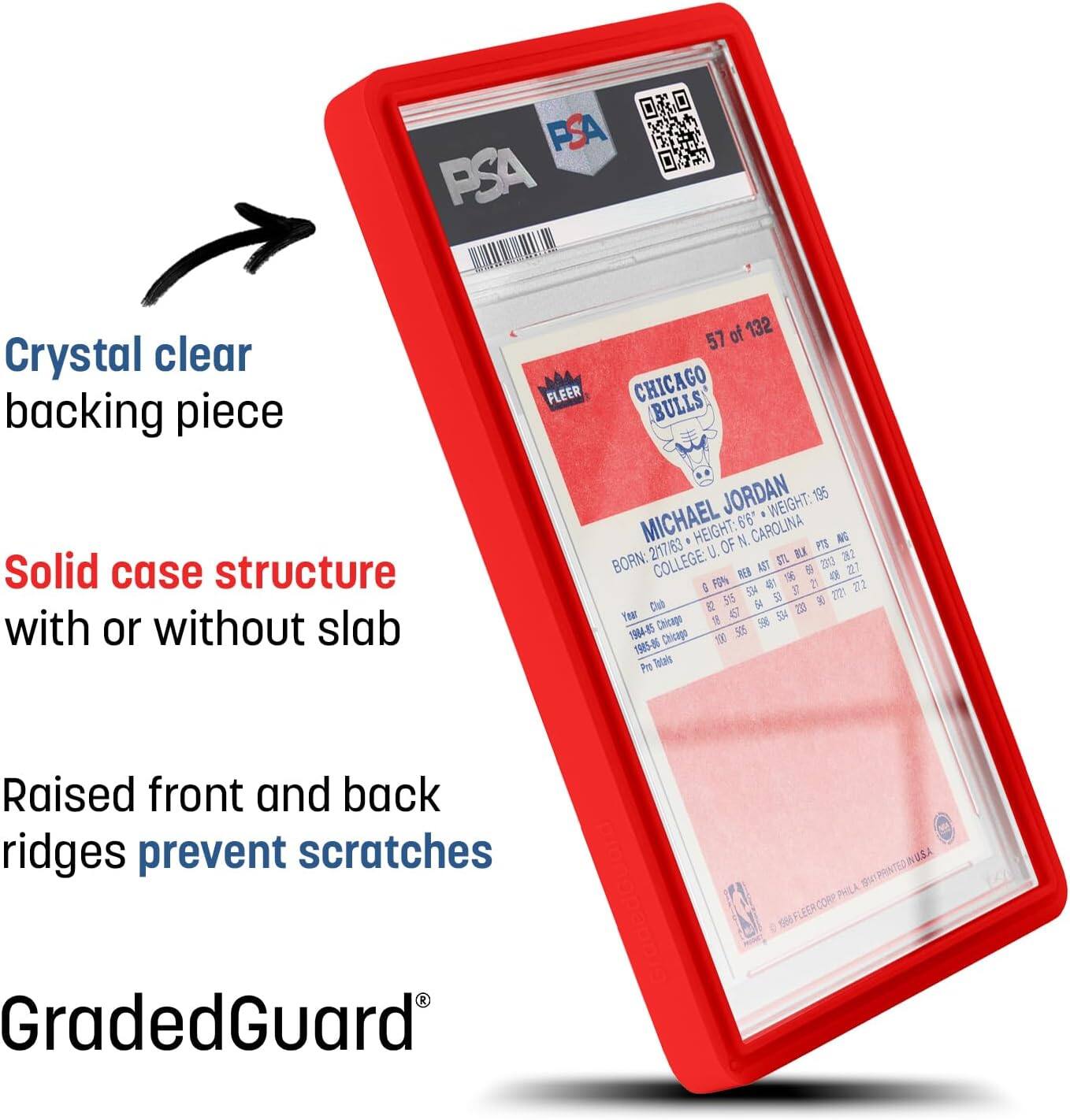 PSA PSA Crystal clear backing piece Solid case structure with or without slab FLEER 57 of 132 CHICAGO BULLS JORDAN 195 MICHAEL 6'6" WEIGHT: HEIGHT: N. CAROLINA BORN: COLLEGE: REB NET 5 201 DT 2/1763 U. OF FT ILA 22 1 5M4 5 21 Cub 55 54 20 Raised front and back ridges prevent scratches PRINTED PHILA FLEERCOR GradedGuard