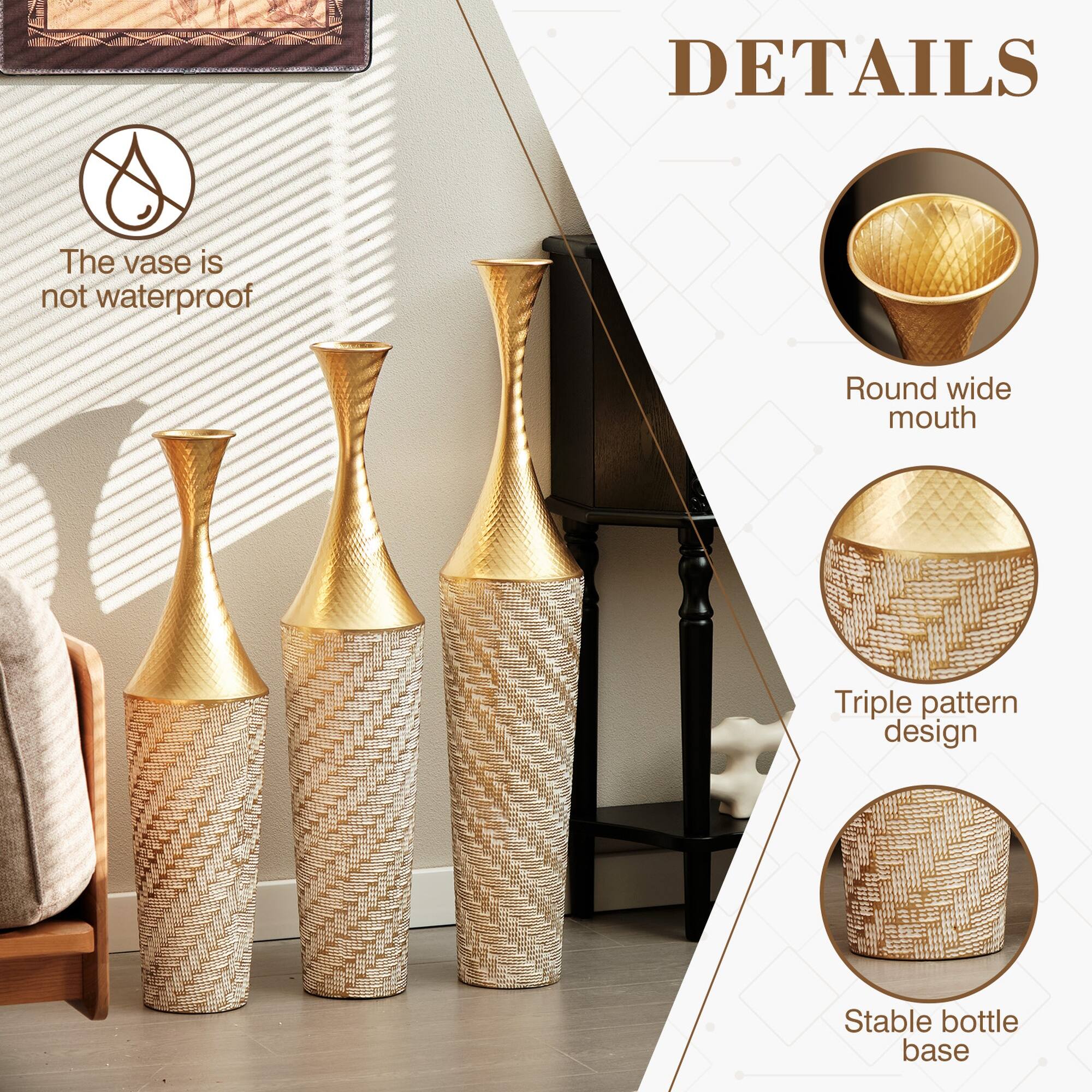 DETAILS

- The vase is not waterproof
- Round wide mouth
- Triple pattern design
- Stable bottle base