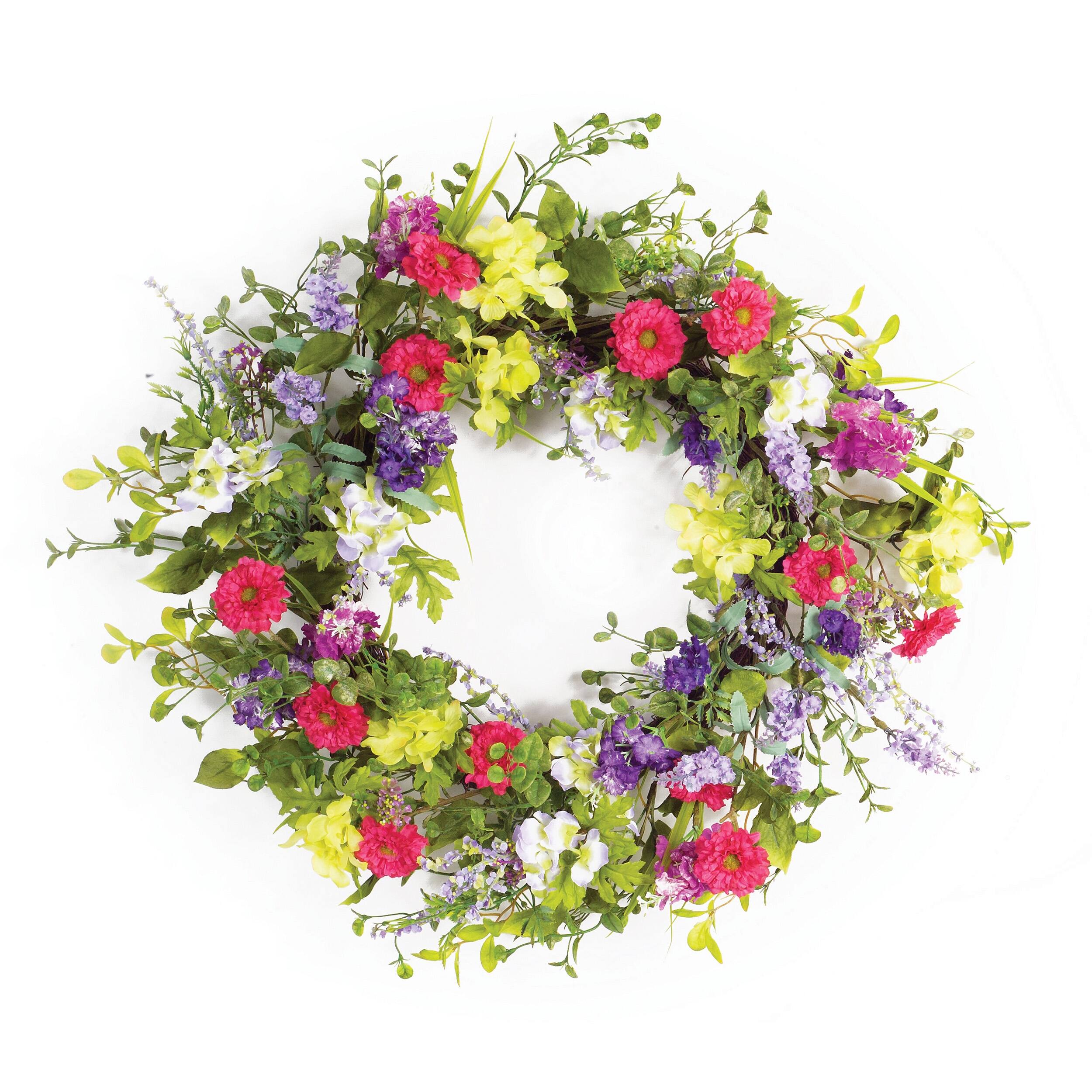 Left. BreeBe - Mixed Floral Wreath 24"D - Green, Pink.