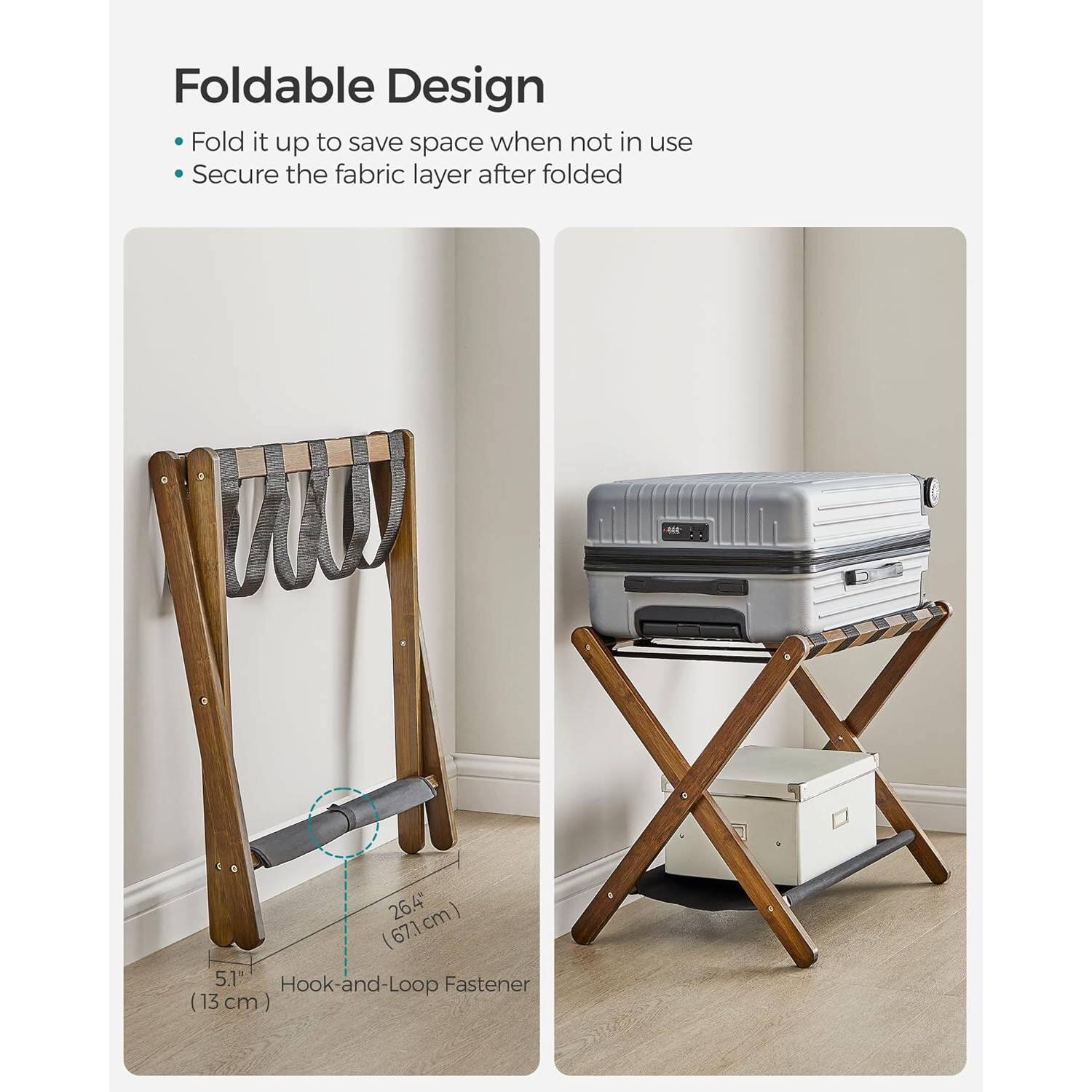 Foldable Design  
- Fold it up to save space when not in use  
- Secure the fabric layer after folded  

Hook-and-Loop Fastener (13 cm)  
26.4 cm (67.1 cm)  
5.1"