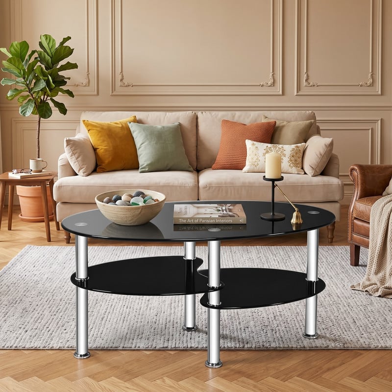 WELLFOR- Modern Oval Coffee Table, Tempered Glass Center Table with Metal Legs for Living Room Home Decor Furniture- Black