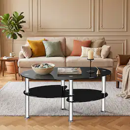 WELLFOR - Modern Oval Coffee Table, Tempered Glass Center Table with Metal Legs for Living Room Home Decor Furniture - Black