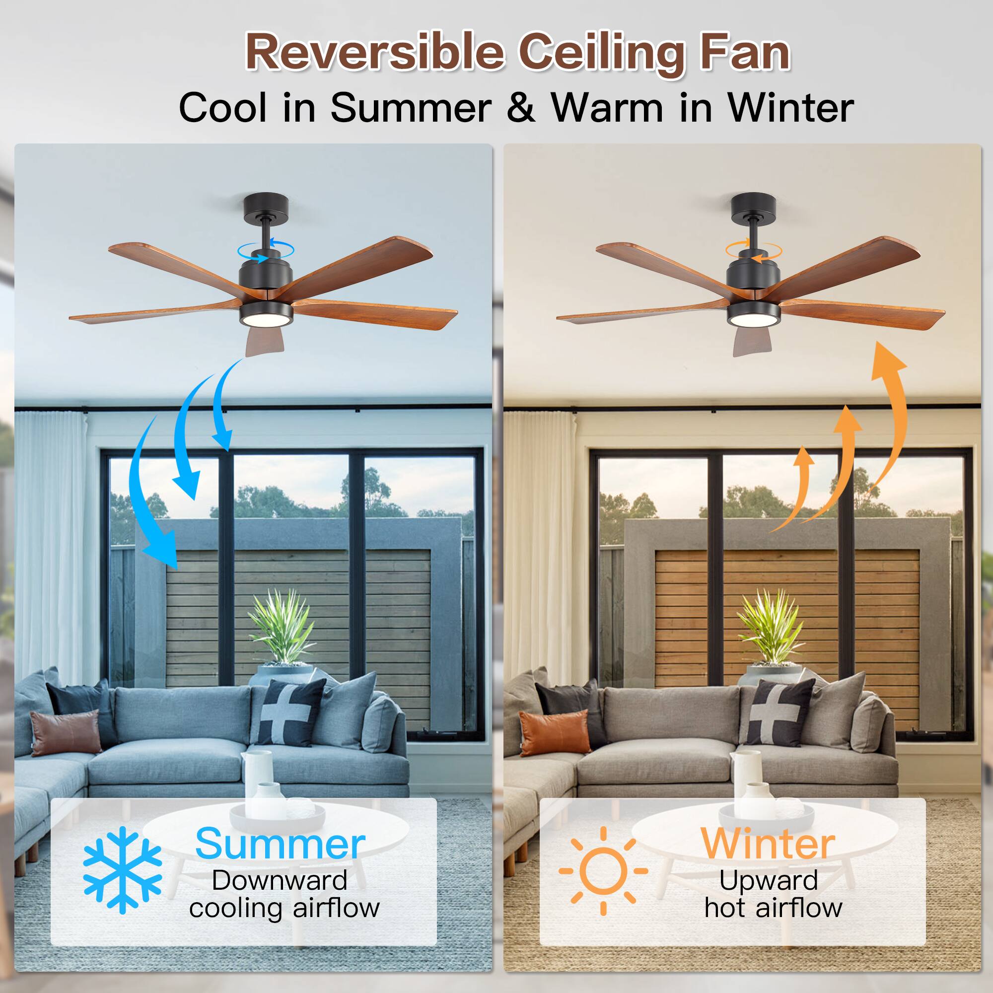 Reversible Ceiling Fan  
Cool in Summer & Warm in Winter  

Summer  
Downward cooling airflow  

Winter  
Upward hot airflow
