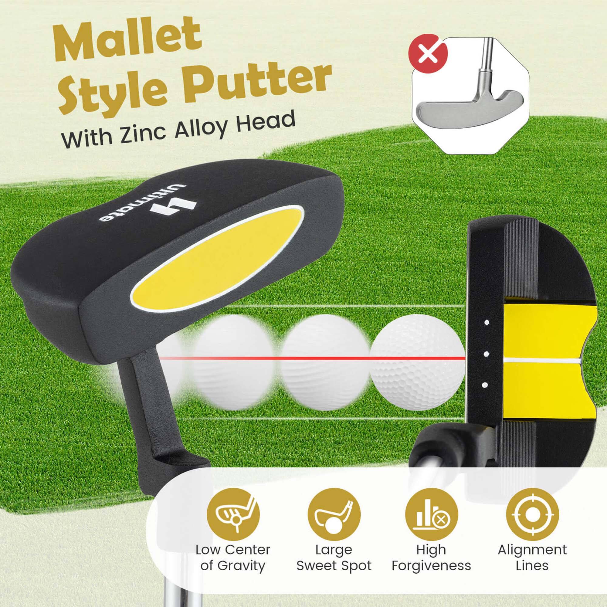 Mallet Style Putter  
With Zinc Alloy Head  

- Low Center of Gravity  
- Large Sweet Spot  
- High Forgiveness  
- Alignment Lines
