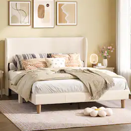 Bestier - Wood Frame Corduroy Upholstered Platform Bed Frame with Wingback Headboard - Off White
