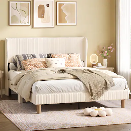 Front. Bestier - Wood Frame Corduroy Upholstered Platform Bed Frame with Wingback Headboard - Off White.
