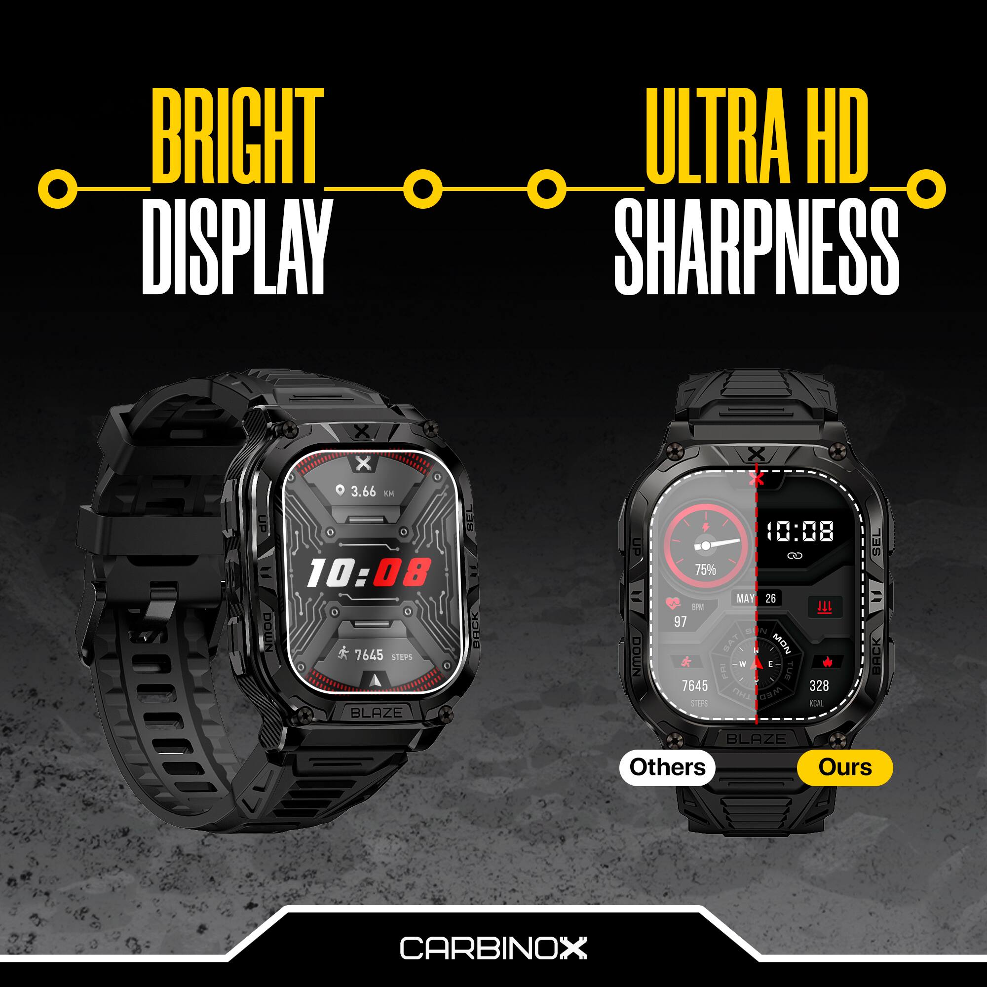 BRIGHT DISPLAY  
ULTRA HD SHARPNESS  

3.66 L x di 10:08 NMOO BACK  
7645 STEPS BLAZE UP DOWN 10:08 75% MAY 26 1 1A 97 SN BAY MON  
1 i TUP 7645 328 AaM SIP FR SEL BACK BLAZE Others Ours  
CARBINOX
