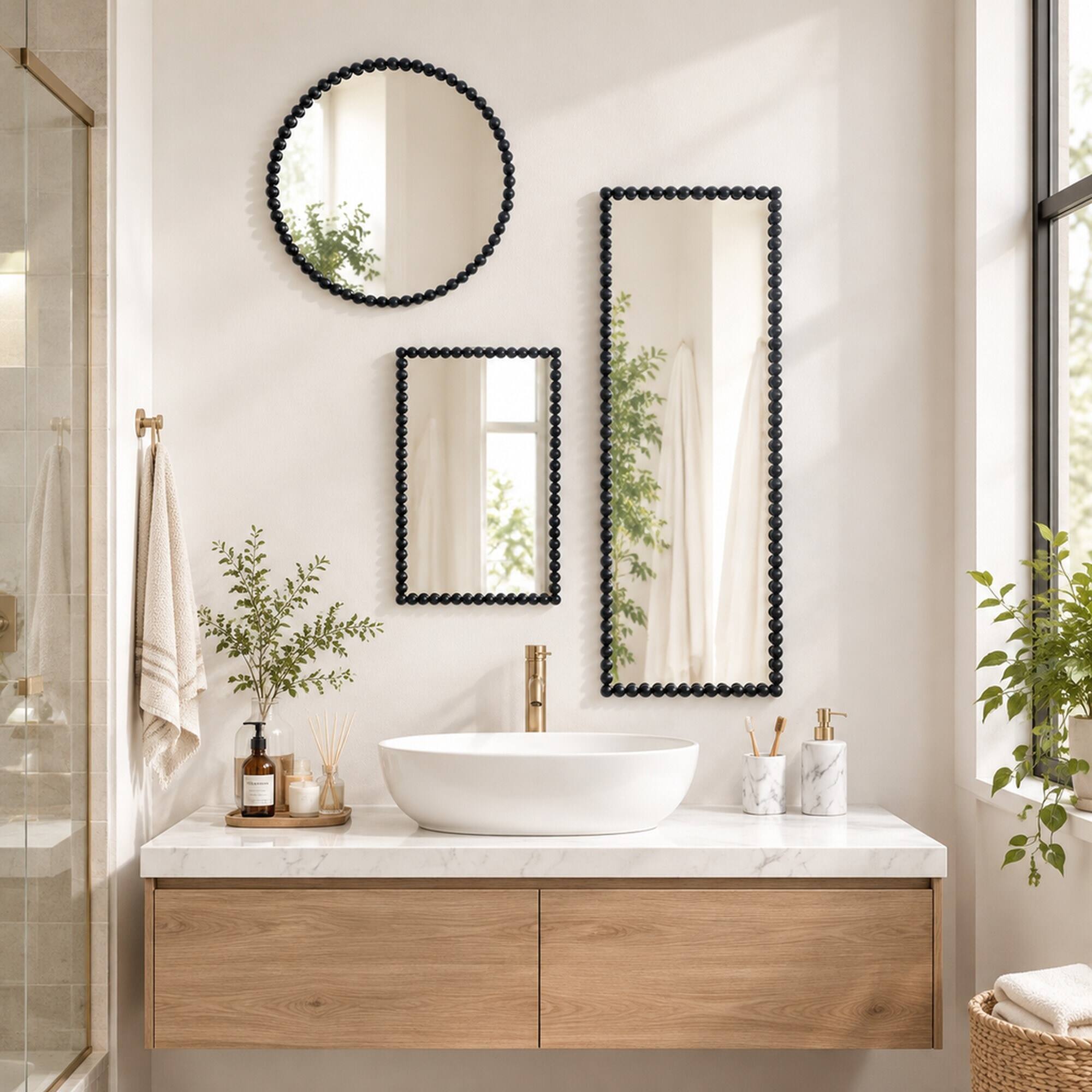 Angle. RYHNUYNE - 32 in Round Wall Mirror, Iron Beaded Frame, Black Finish, 29 in Glass, Living Room and Bedroom Decor - Black.