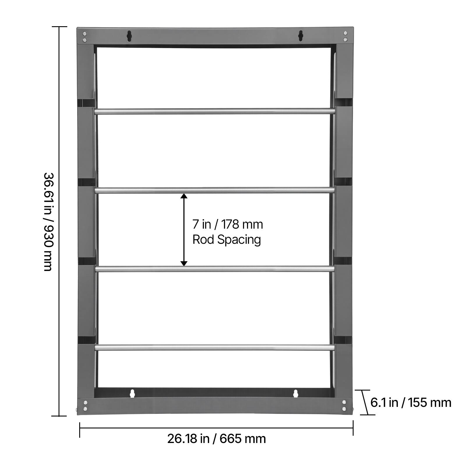 36.61in / 930 mm, 7 in / 178 mm Rod Spacing, 6.1 in / 155 mm, 26.18 in / 665 mm