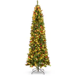 Best Choice Products - 9ft Pre-Lit Pencil Christmas Tree Pre-Decorated Holiday Accent w/ 1,298 Tips, 460 Lights, Base - Green