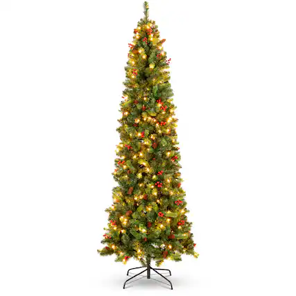 Front. Best Choice Products - Best Choice Products 9ft Pre-Lit Pencil Christmas Tree Pre-Decorated Holiday Accent w/ 1,298 Tips, 460 Lights, Base - Green.