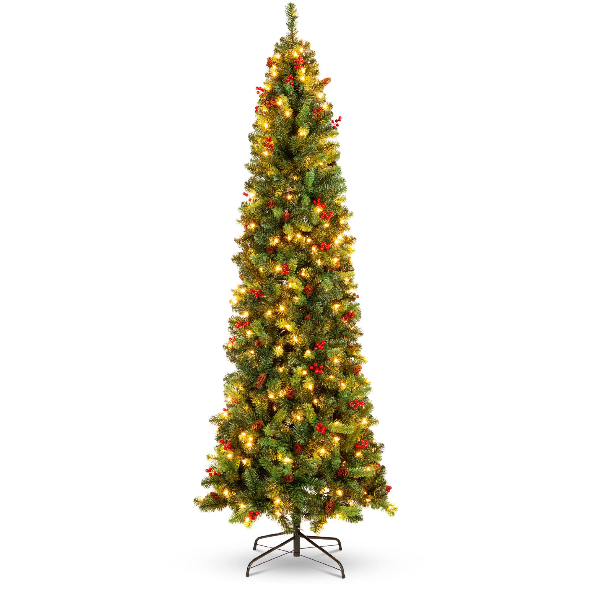 Best Choice Products - 9ft Pre-Lit Pencil Christmas Tree Pre-Decorated Holiday Accent w/ 1,298 Tips, 460 Lights, Base - Green