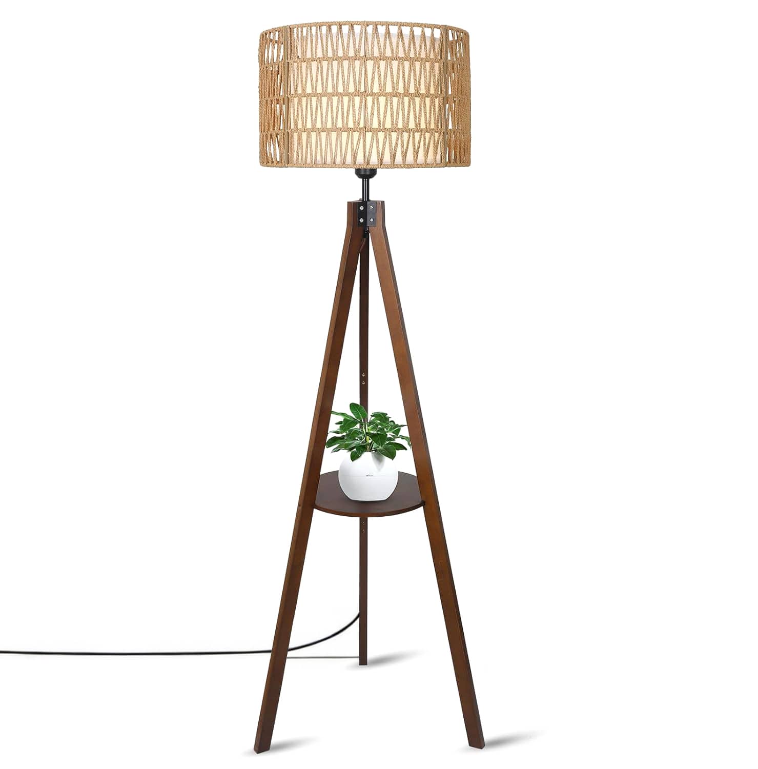 Front. Malletson - Modern Tripod Floor Lamp with Natural Rattan Shade and Built-in Shelf - Brown.