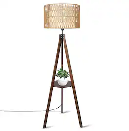 Malletson - Modern Tripod Floor Lamp with Natural Rattan Shade and Built-in Shelf - Brown