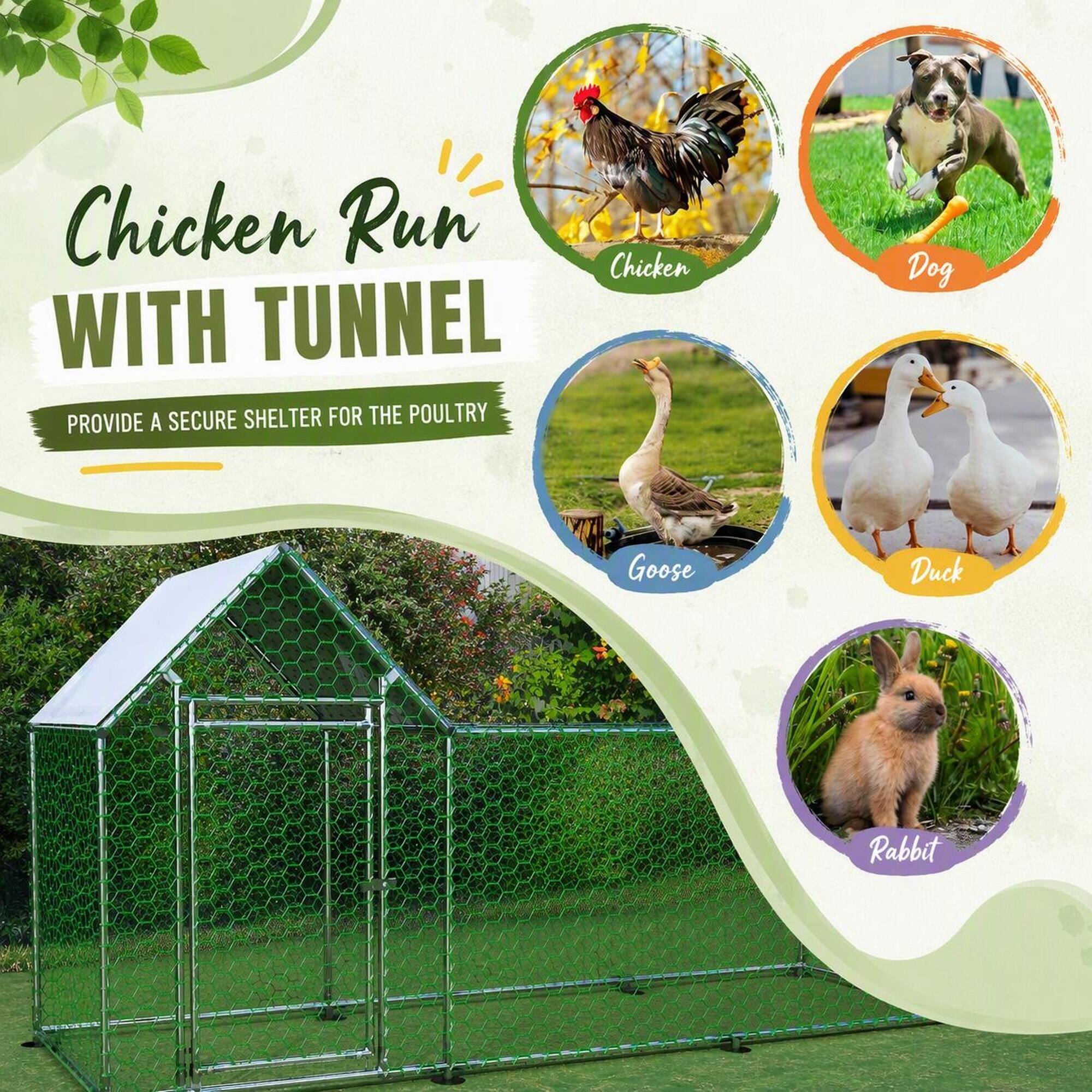 Chicken Run with Tunnel  
Provide a Secure Shelter for the Poultry  

- Chicken  
- Dog  
- Goose  
- Duck  
- Rabbit