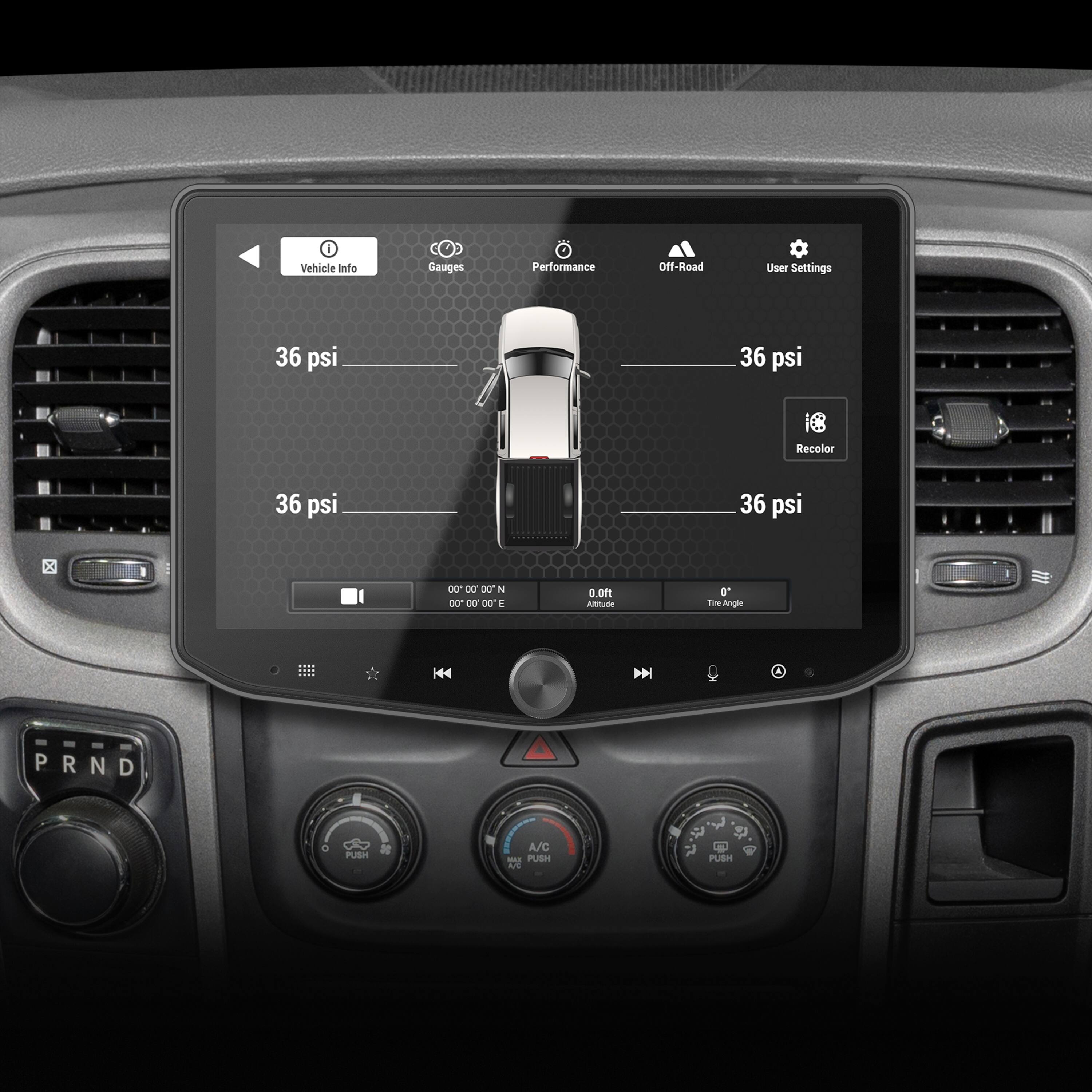 Vehicle Info Gauges Performance Off-Road User Settings 36 psi 36 psi i Recolor 36 psi 36 psi b 00 DO 00 2 30" DO 00" E 3 .0F1 Altitude 0 Toe Angle H44 N PRND R N D O PUSH A/C - PUSH A $ PUSH A