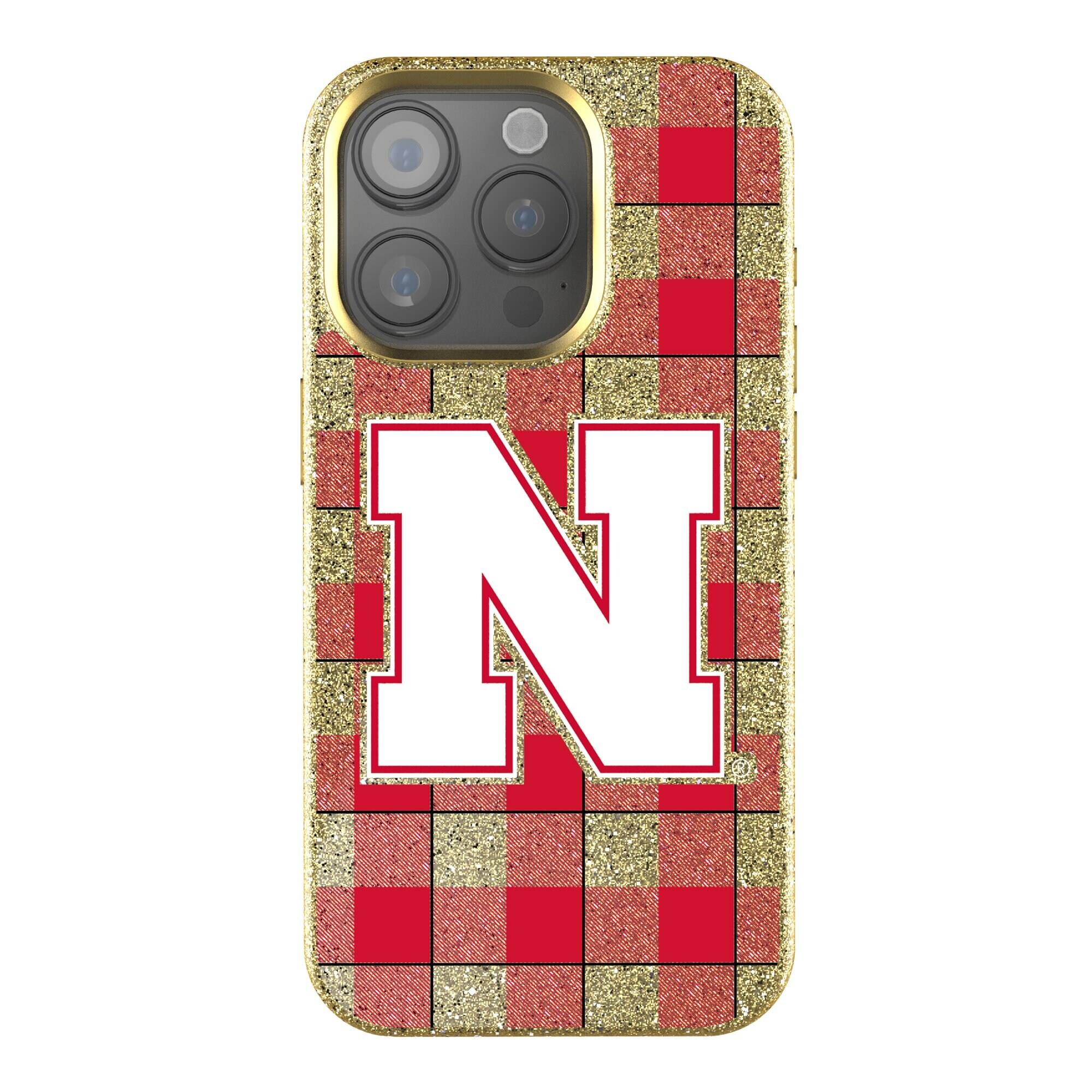 Front. Keyscaper - Nebraska Huskers Plaid Bling iPhone Case - 16 Pro - Gold.