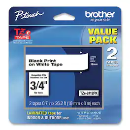Brother - P-Touch TZE2412PK 0.7 in. x 26.2 ft. TZe Standard Adhesive Laminated Labeling Tape - Black on (2/Pack) - White