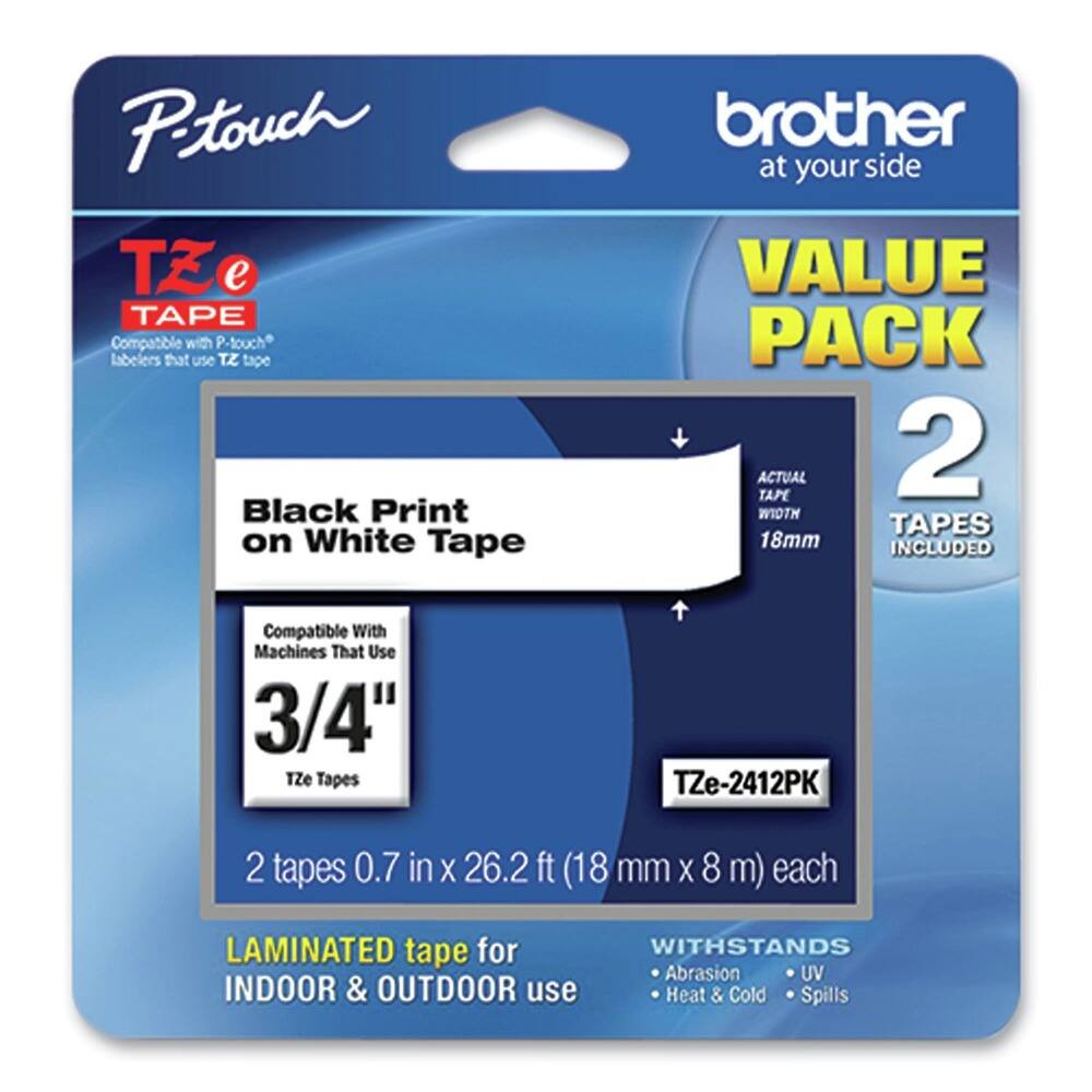 P-touch  
TZ e TAPE  
Compatible with P-touch labelers that use TZ tape  

Black Print on White Tape  

Compatible With Machines That Use 3/4" TZe Tapes  

2 tapes 0.7 in x 26.2 ft (18 mm x 8 m) each  

LAMINATED tape for INDOOR & OUTDOOR use  

WITHSTANDS  
- Abrasion  
- UV  
- Heat & Cold  
- Spills  

VALUE PACK  
2 TAPES INCLUDED  

TZe-2412PK  
(18 mm x 8 m) each  

brother at your side