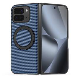 Dteck - Magnetic Carbon Fiber Pattern Case for Google Pixel 10 Pro Fold with Stand, Shockproof Rigid Plastic Faux Leather Cover - Blue