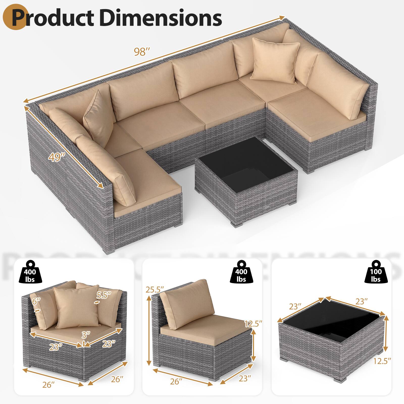 Product Dimensions: 98" x 49"  
Weight Capacity: 400 lbs  
Armrest Height: 6"  
Seat Depth: 5.5"  
Seat Width: 25.5"  
Table Dimensions: 23" x 23" x 12.5"  
Table Weight Capacity: 100 lbs