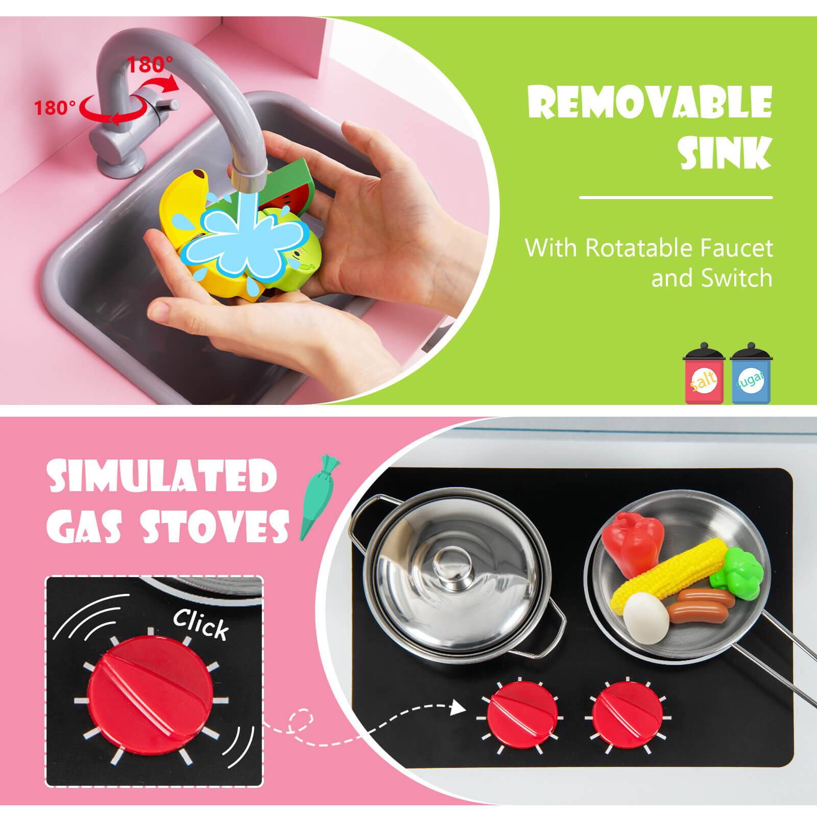 **REMOVABLE SINK**  
With Rotatable Faucet and Switch

**SIMULATED GAS STOVES**  
Click