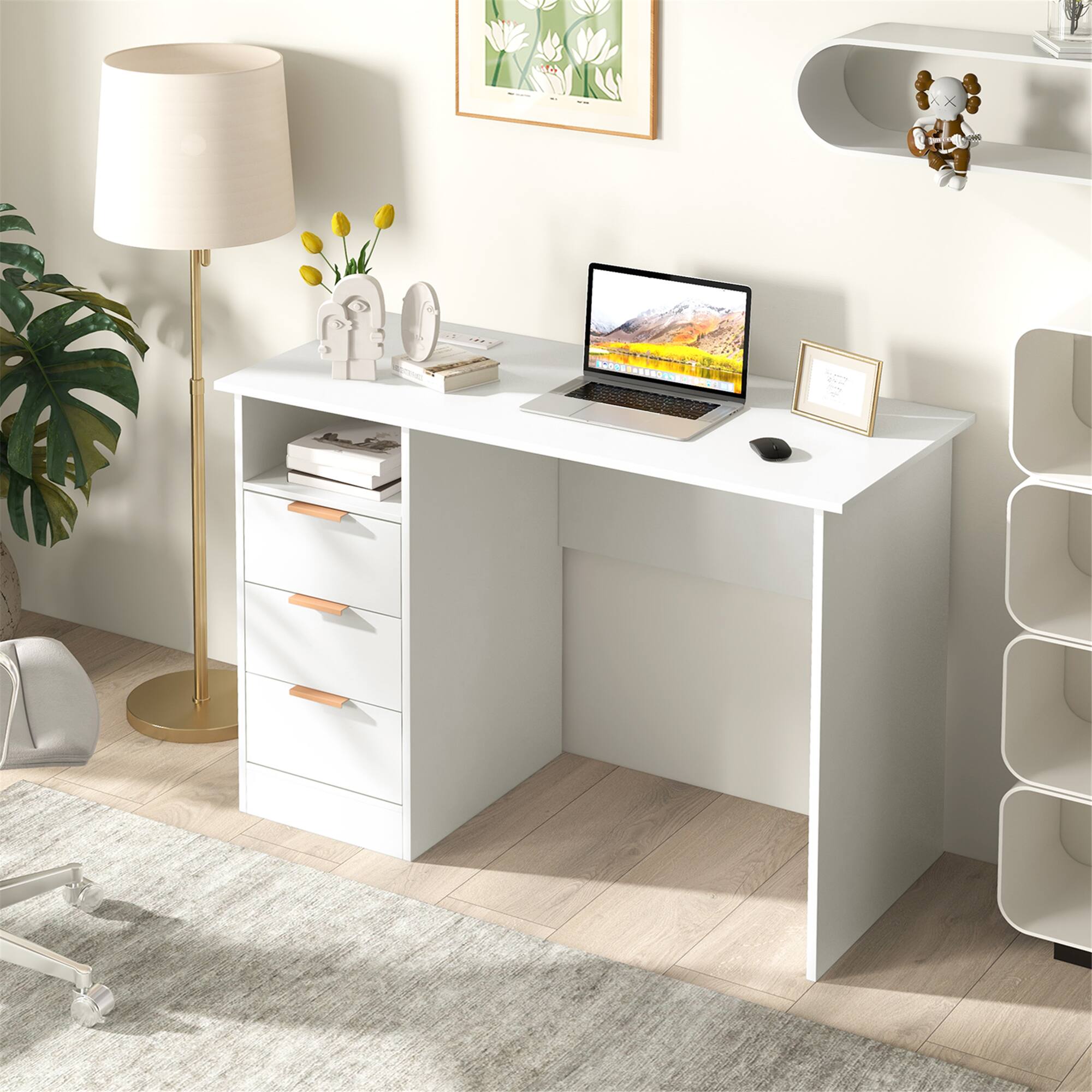 Alt View 1. Gymax - Gymax 42.5'' Home Office Desk w/ Power Outlet 3 Storage Drawers & Open Compartment - White, Gold.