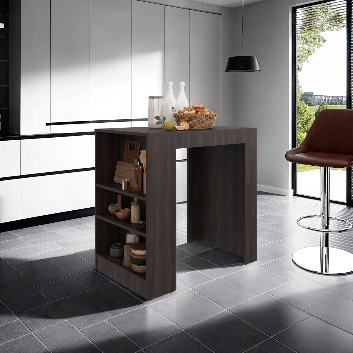 Front. Loheer - Loheer Dark Walnut Kitchen Island Kitchen Bar Table with Side Shelves Compact Prep Station - Dark Walnut.