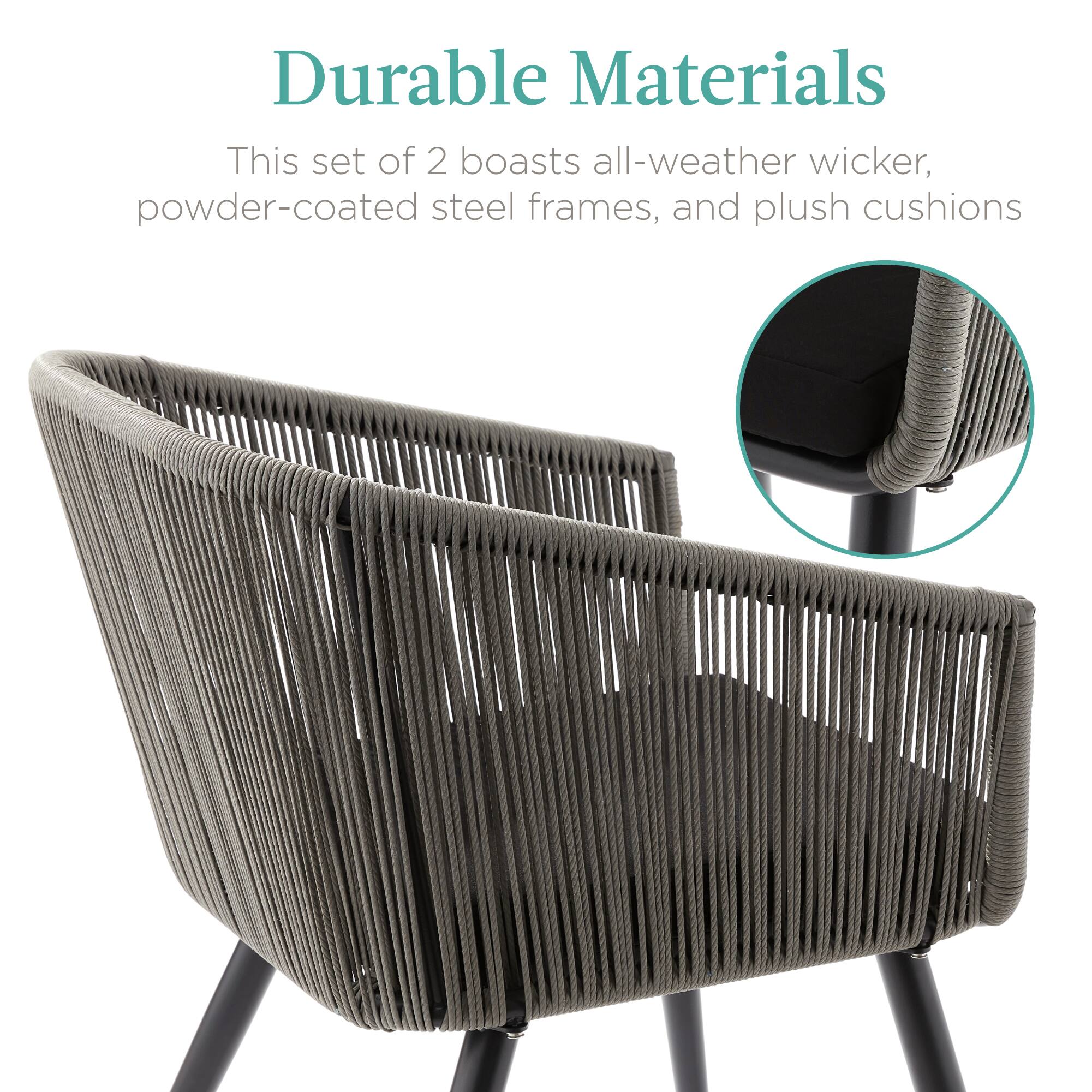 Durable Materials

This set of 2 boasts all-weather wicker, powder-coated steel frames, and plush cushions
