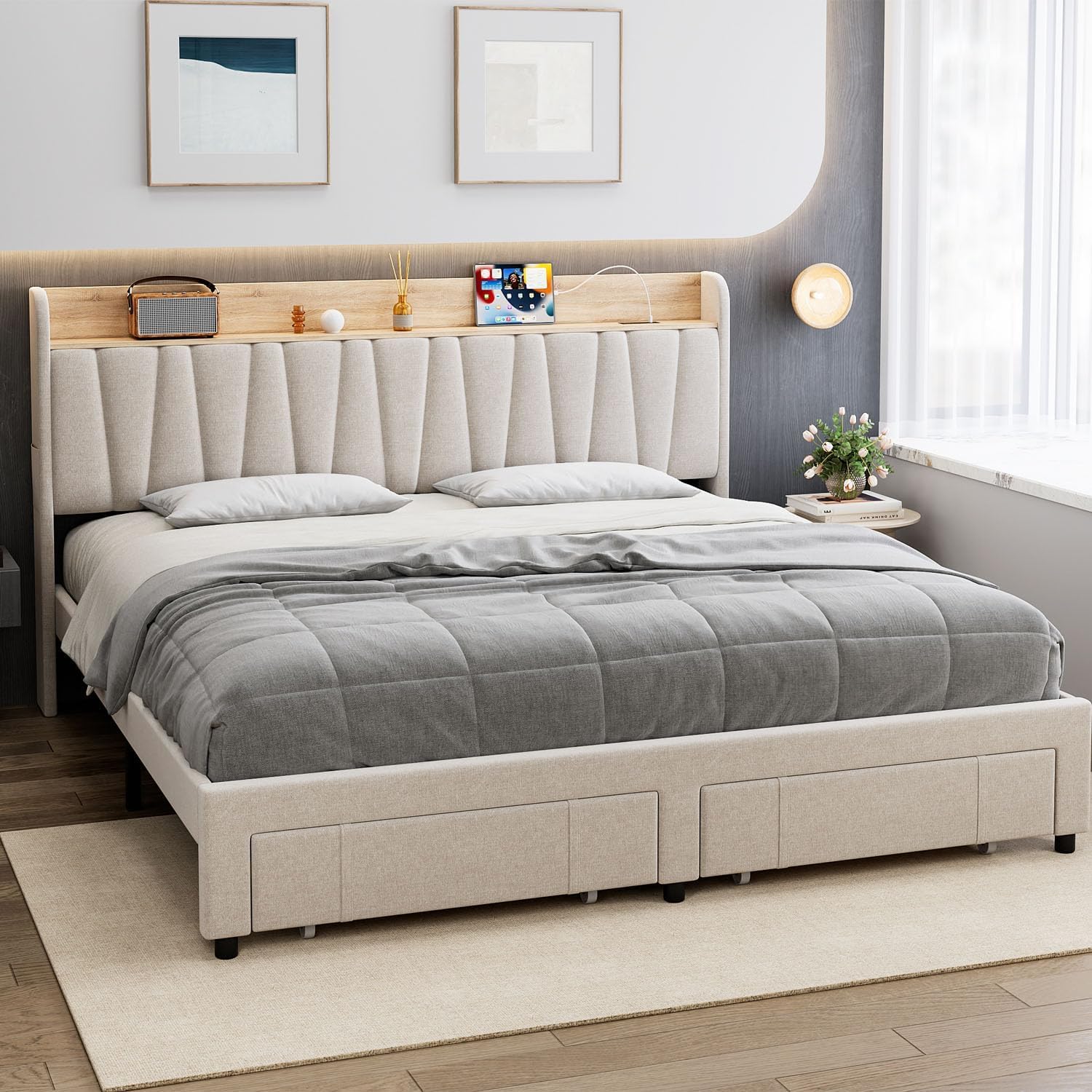Back. Acekool - King Size Upholstered Bed Frame with Storage Headboard and Charging Station, Platform Bed Frame with Drawers - Beige.
