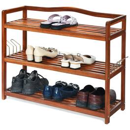 Ecooso - 3-Tier Shoe Rack Acacia Wood Organizer with Side Hooks for Entryway or Closet - Natural