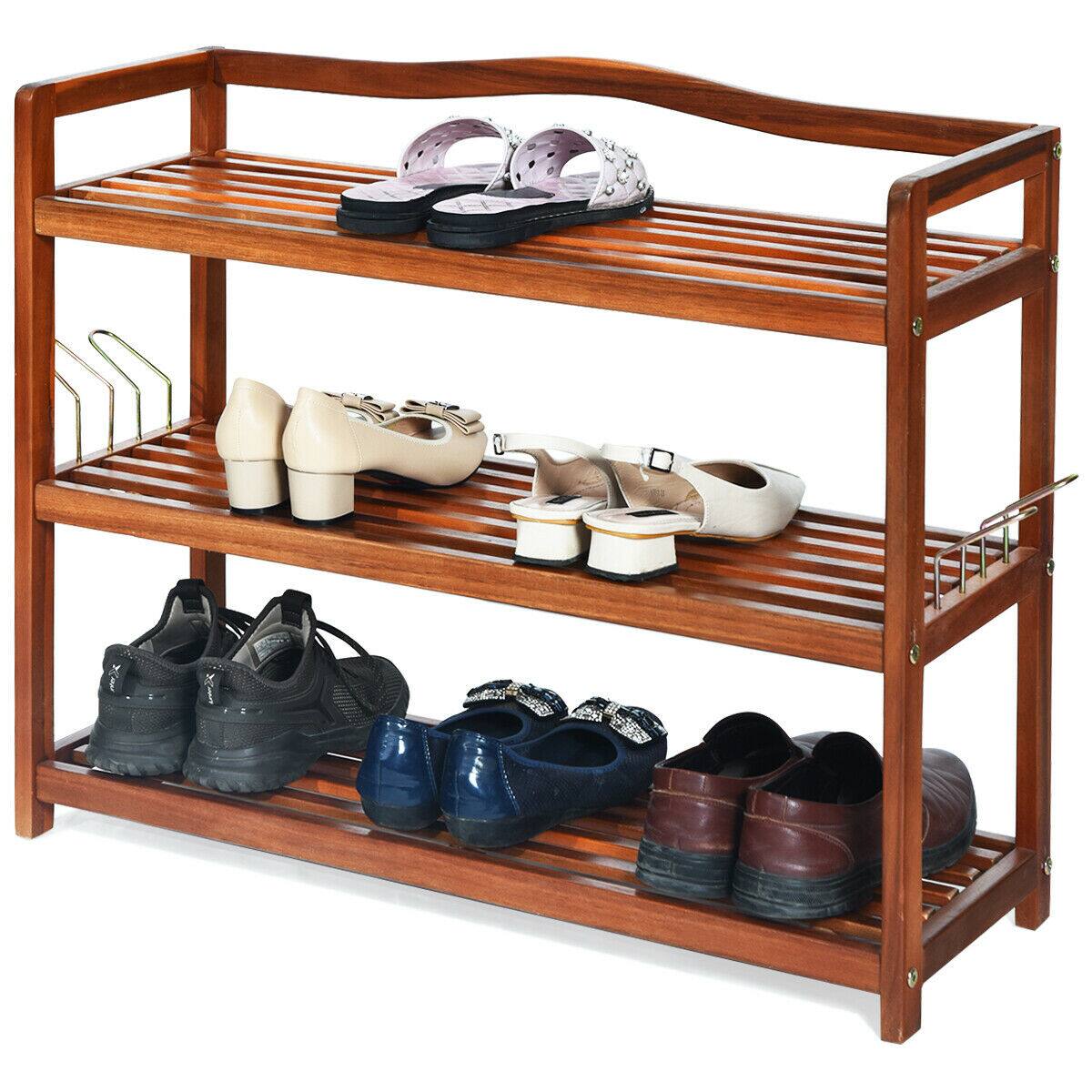 Front. Ecooso - 3-Tier Shoe Rack Acacia Wood Organizer with Side Hooks for Entryway or Closet - Natural.