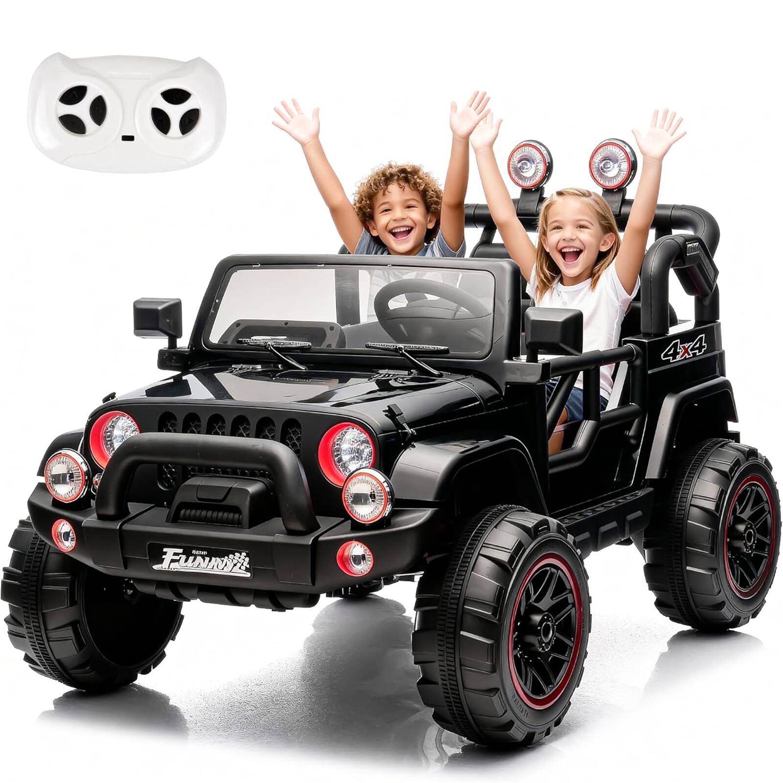 Chateau Abodes - 24V XL Kids Ride-On Truck, 2-Seater with Remote, 160W Dual Motor up to 5 MPH, Bluetooth/USB Music, LED Lights - Black