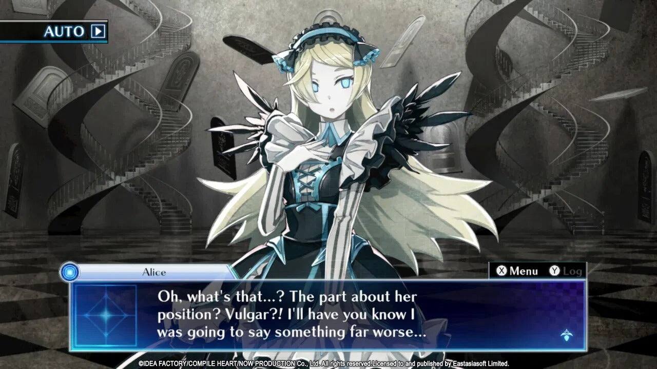 AUTO

Alice

X Menu
Y Log

Oh, what's that...? The part about her position? Vulgar?! I'll have you know I was going to say something far worse...

IDEA FACTORY/COMPILE HEART/NOW PRODUCTION Co., Ltd. All rights reserved. Licensed to and published by Eastasiasoft Limited.