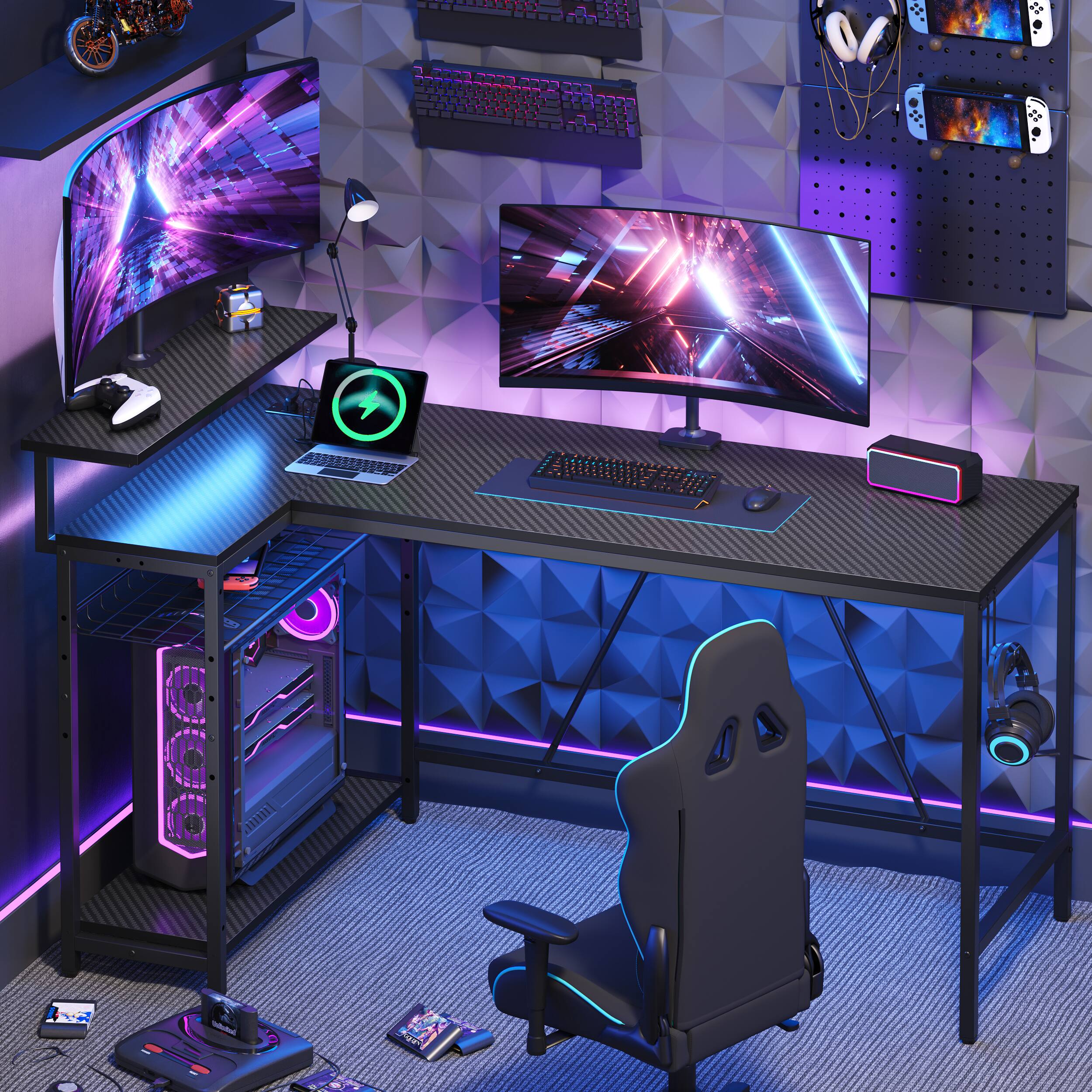 Alt View 11. Bestier - 58inch L-Shaped Gaming Desk with LED Lights with Power Outlet & Monitor Stand Corner - Black Carbon Fiber.