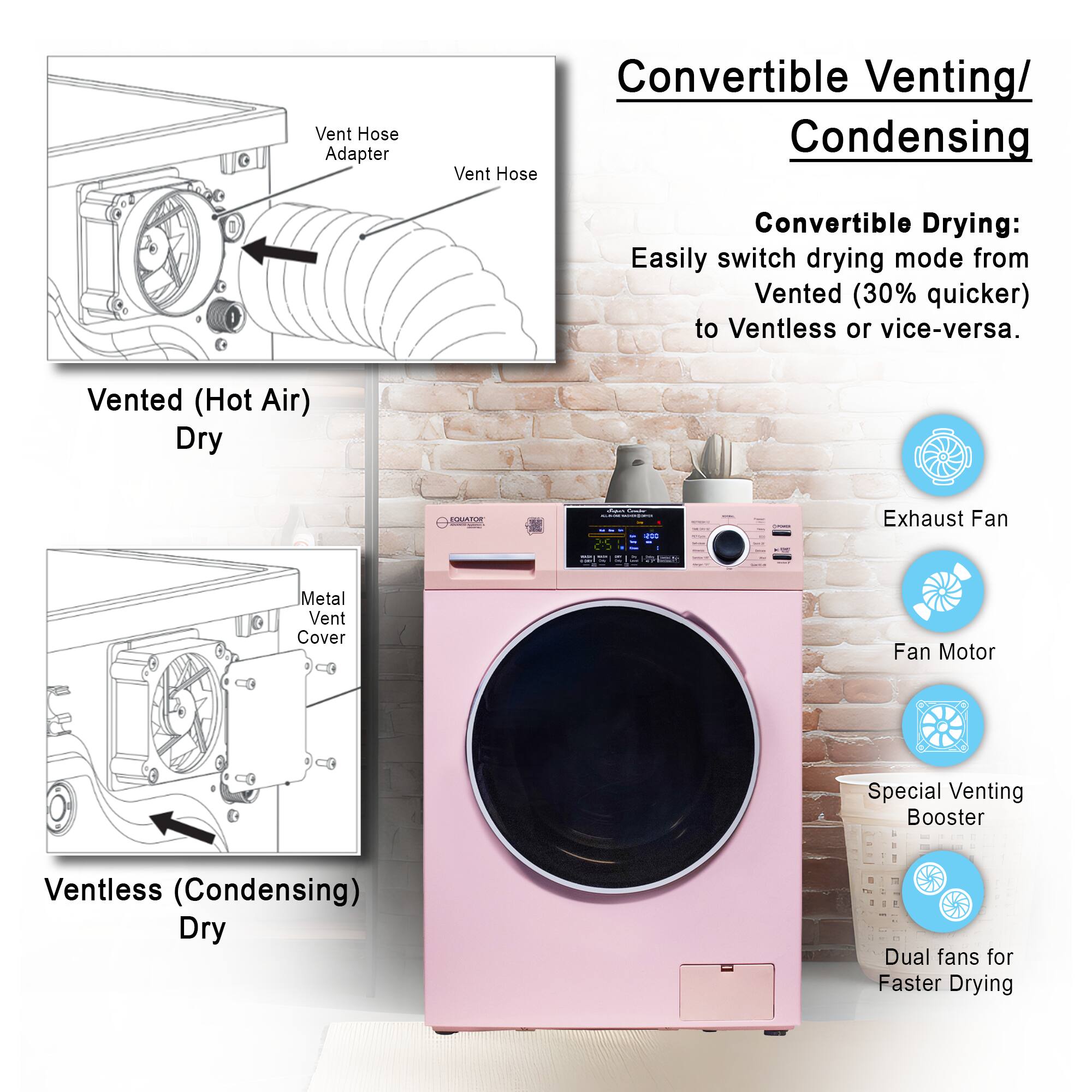 Convertible Venting/Condensing

Convertible Drying:  
Easily switch drying mode from Vented (30% quicker) to Ventless or vice-versa.

Vented (Hot Air) Dry  
- Vent Hose Adapter  
- Vent Hose  
- Exhaust Fan  
- Fan Motor  
- Special Venting Booster  
- Dual fans for Faster Drying  

Ventless (Condensing) Dry  
- Metal Vent Cover