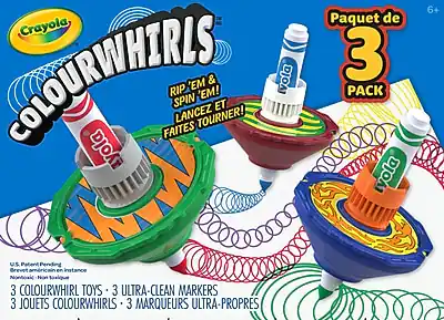 Crayola COLOURWHIRLS
RIP 'EM & SPIN 'EM! LANCEZ ET FAITES TOURNER!
Paquet de 3 PACK
3 COLOURWHIRL TOYS • 3 ULTRA-CLEAN MARKERS
3 JOUETS COLOURWHIRLS • 3 MARQUEURS ULTRA-PROPRE
U.S. Patent Pending
Brevet américain en instance
Non-toxic • Non toxique
6+