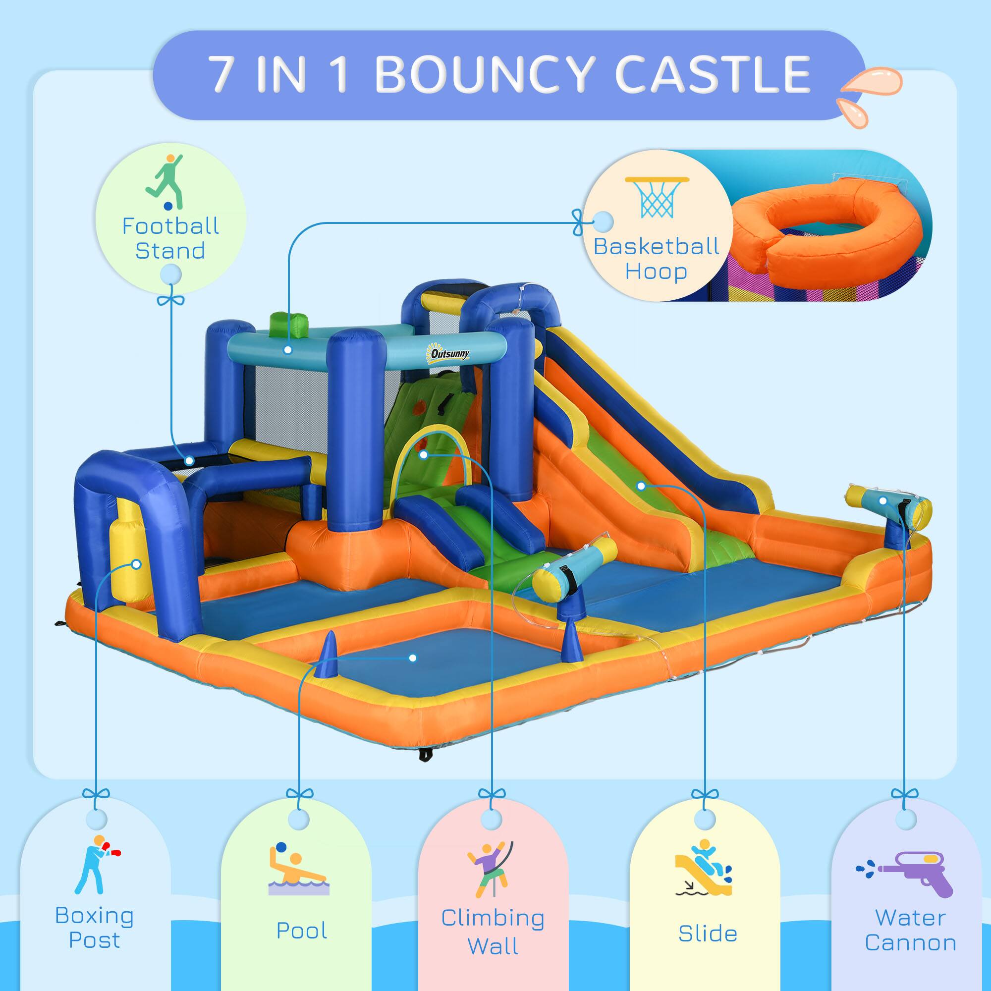 7 IN 1 BOUNCY CASTLE

- Football Stand
- Basketball Hoop
- Boxing Post
- Pool
- Climbing Wall
- Slide
- Water Cannon