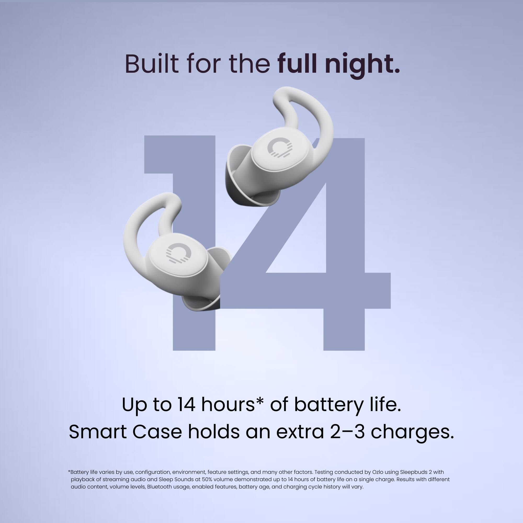 Built for the full night.  
Up to 14 hours* of battery life.  
Smart Case holds an extra 2-3 charges.  

*Battery life varies by use, configuration, environment, feature settings, and many other factors. Testing conducted by Ono using Sleepbuds 2 with playback of streaming audio and Sleep Sounds at 50% volume demonstrated up to 14 hours of battery life on a single charge. Results with different audio content, volume levels, Bluetooth usage, enabled features, battery age, and charging cycle history will vary.