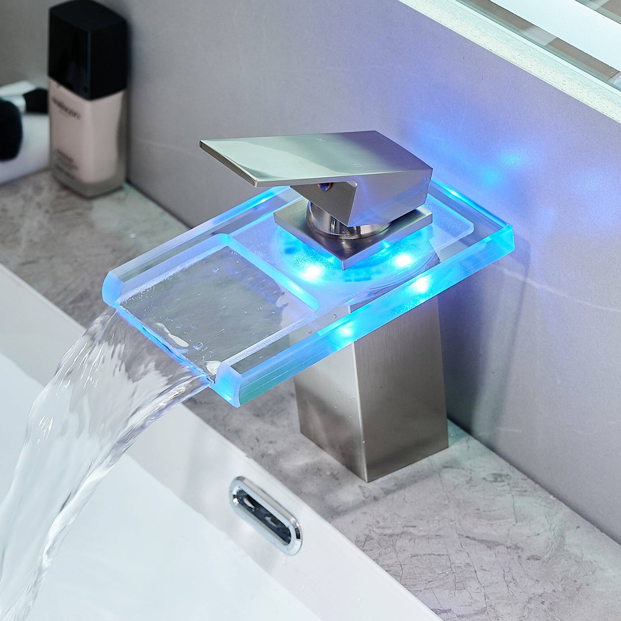 Back. Boyel Living - Single Handle Single Hole Bathroom Faucet Brushed Nickel with LED Temperature Sensor and Supply Hoses Easy Install - Brushed Nickel.