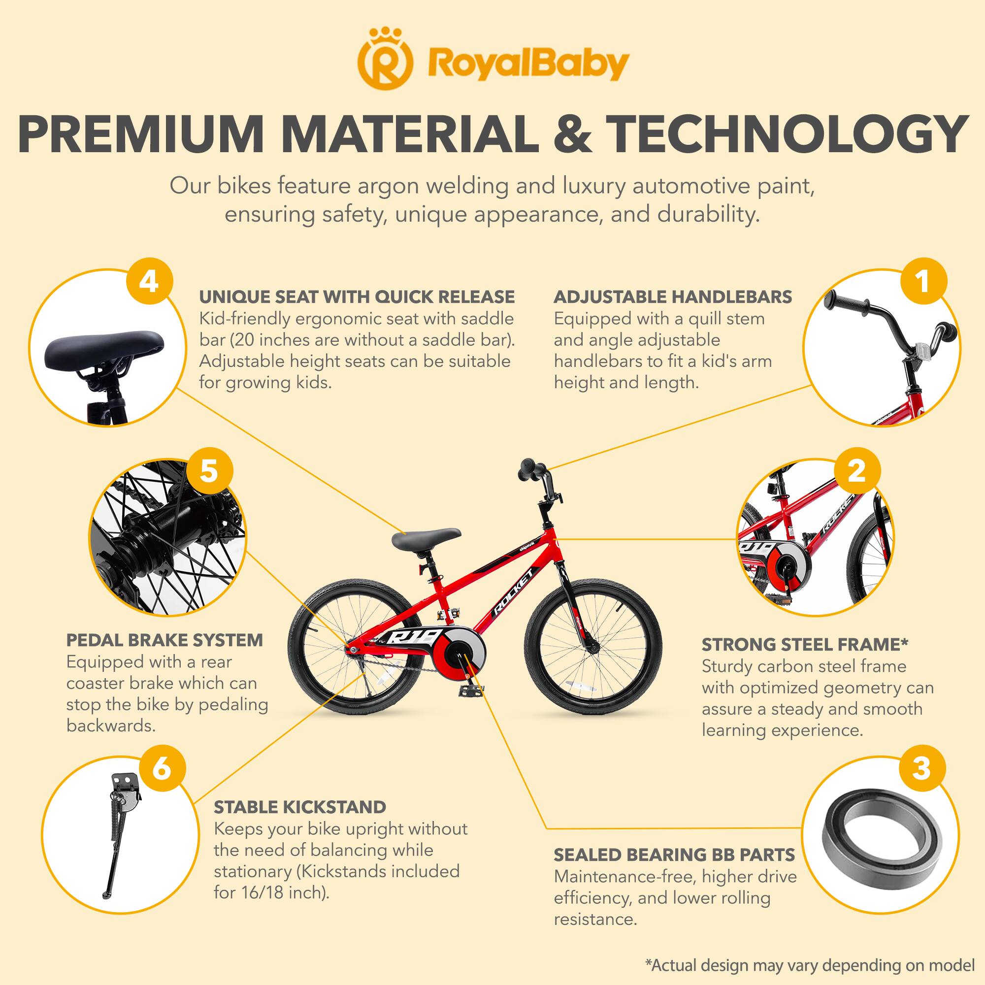 RoyalBaby PREMIUM MATERIAL & TECHNOLOGY

Our bikes feature argon welding and luxury automotive paint, ensuring safety, unique appearance, and durability.

1. ADJUSTABLE HANDLEBARS
   - Equipped with a quill stem and angle adjustable handlebars to fit a kid's arm height and length.

2. STRONG STEEL FRAME*
   - Sturdy carbon steel frame with optimized geometry can assure a steady and smooth learning experience.

3. SEALED BEARING BB PARTS
   - Maintenance-free, higher drive efficiency, and lower rolling resistance.

4. UNIQUE SEAT WITH QUICK RELEASE
   - Kid-friendly ergonomic seat with saddle bar (20 inches are without a saddle bar). Adjustable height seats can be suitable for growing kids.

5. PEDAL BRAKE SYSTEM
   - Equipped with a rear coaster brake which can stop the bike by pedaling backwards.

6. STABLE KICKSTAND
   - Keeps your bike upright without the need of balancing while stationary (Kickstands included for 16/18 inch).

*Actual design may vary depending on model