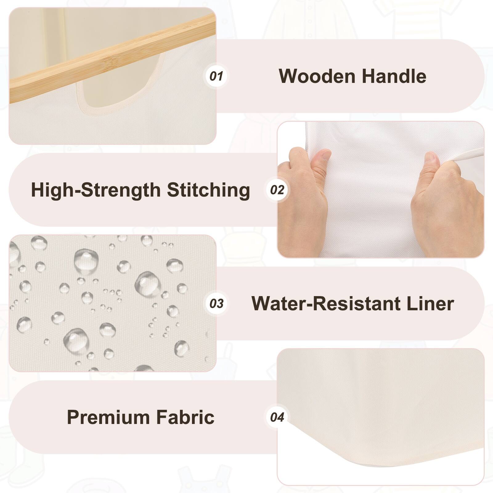 01 Wooden Handle High-Strength Stitching  
02 Water-Resistant Liner Premium Fabric  
03
